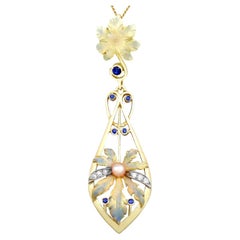 Antique Victorian Sapphire Diamond Pearl and Enamel Yellow Gold Pendant