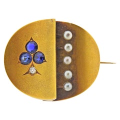 Antique Victorian Sapphire Diamond Pearl Gold Brooch Pin