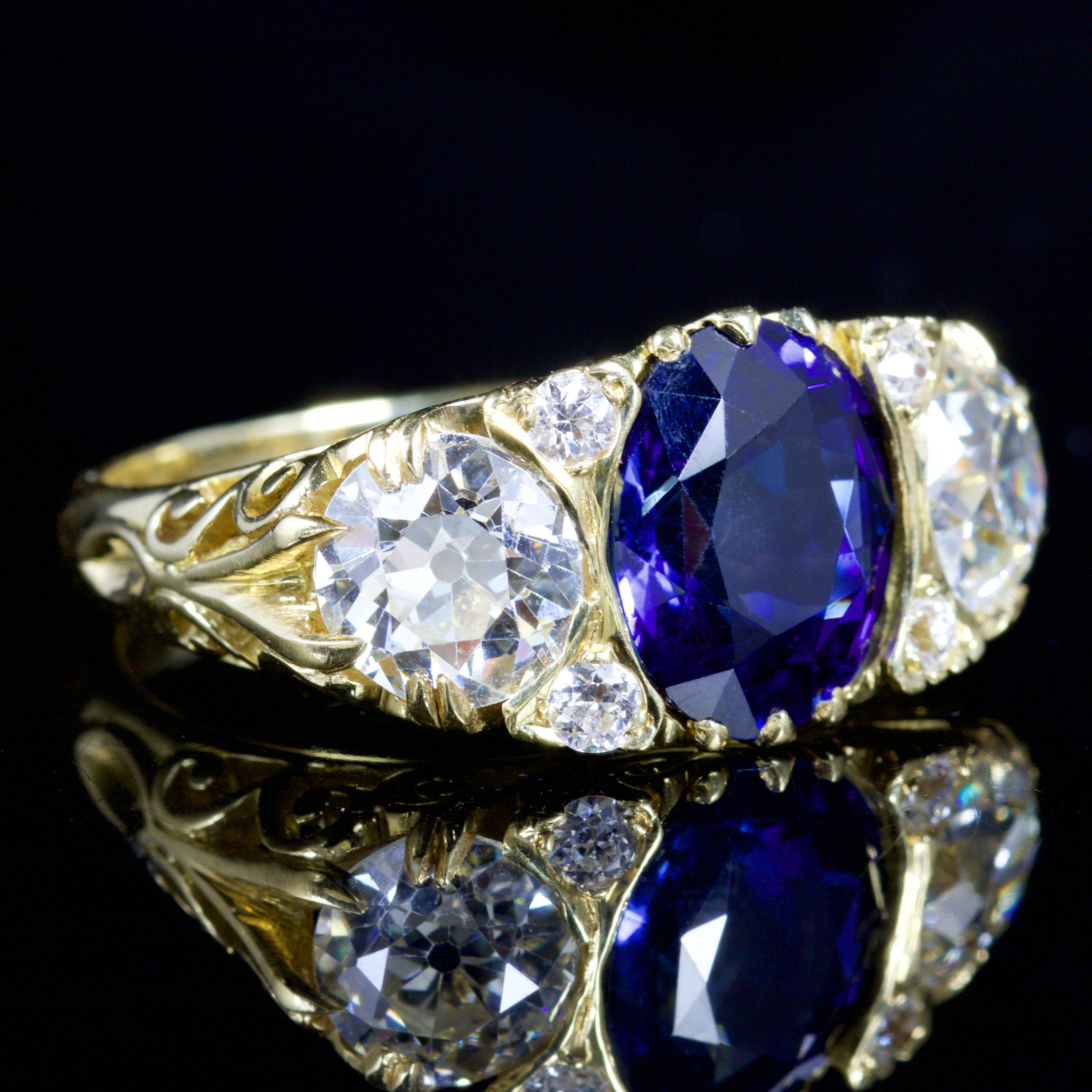 Women's Antique Victorian Sapphire Diamond Ring 3.92 Carat Sapphire 18 Carat, circa 1880 For Sale