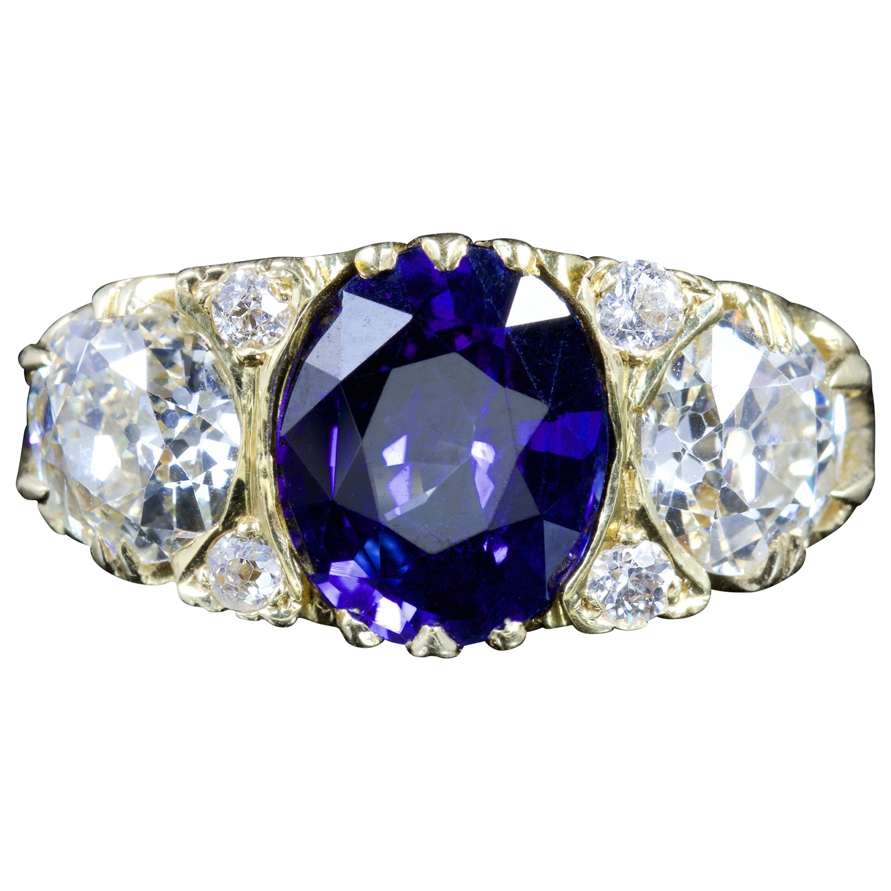 Antique Victorian Sapphire Diamond Ring 3.92 Carat Sapphire 18 Carat, circa 1880 For Sale