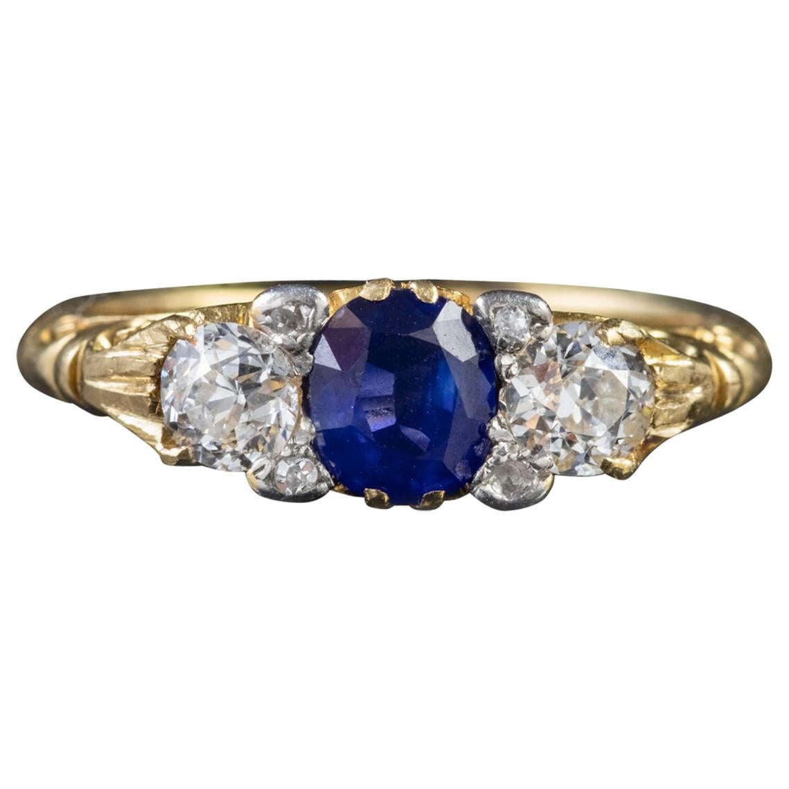 Antique Victorian Sapphire Diamond Trilogy Ring 18 Carat Gold, circa 1900