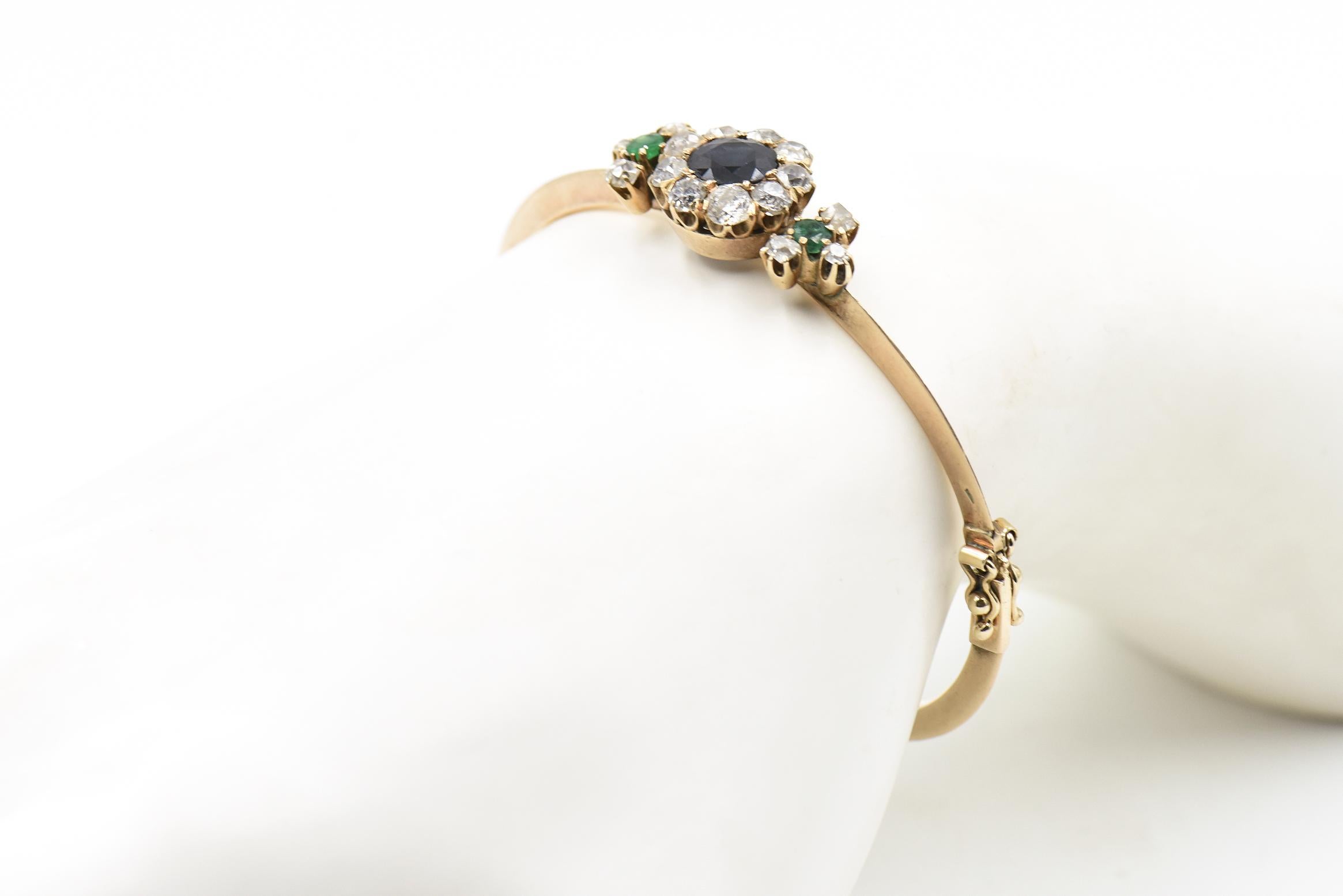 Antique Victorian Sapphire Emerald Diamond Flower Gold Bangle Bracelet 2