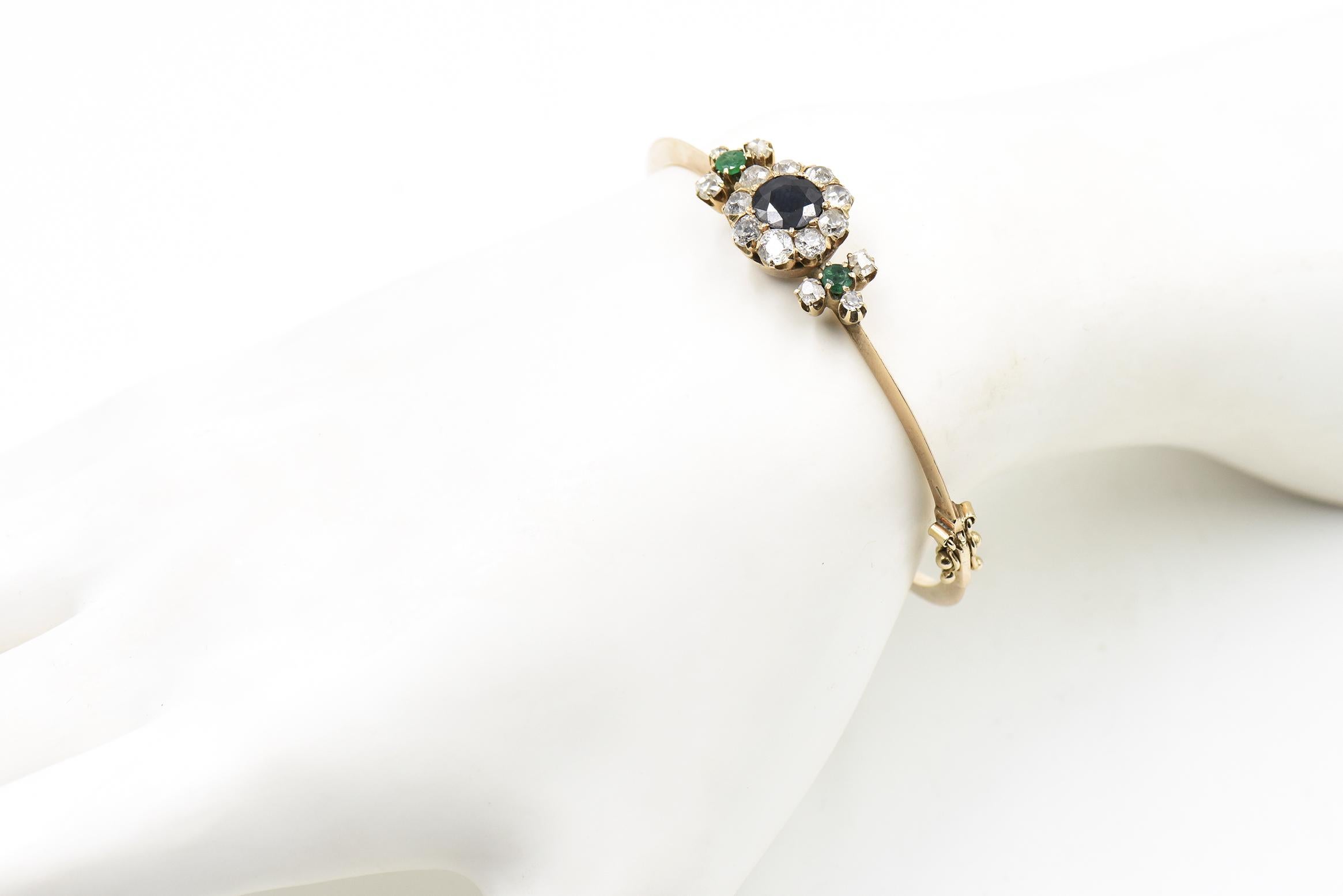 Antique Victorian Sapphire Emerald Diamond Flower Gold Bangle Bracelet 3