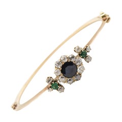 Antique Victorian Sapphire Emerald Diamond Flower Gold Bangle Bracelet