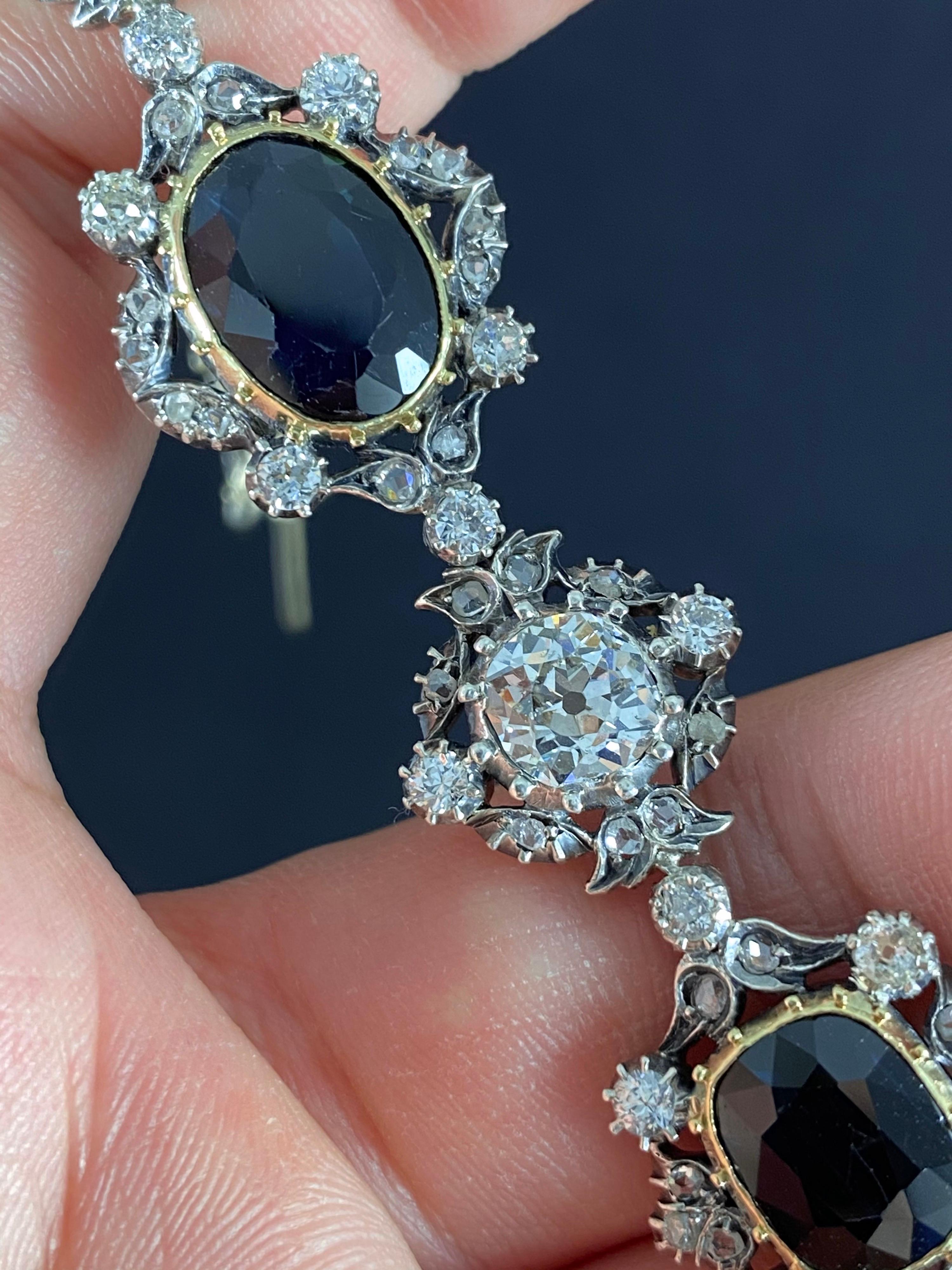 Antique Victorian Sapphire Old Mine Cut Diamond Bracelet Gold Silver 1890s For Sale 5