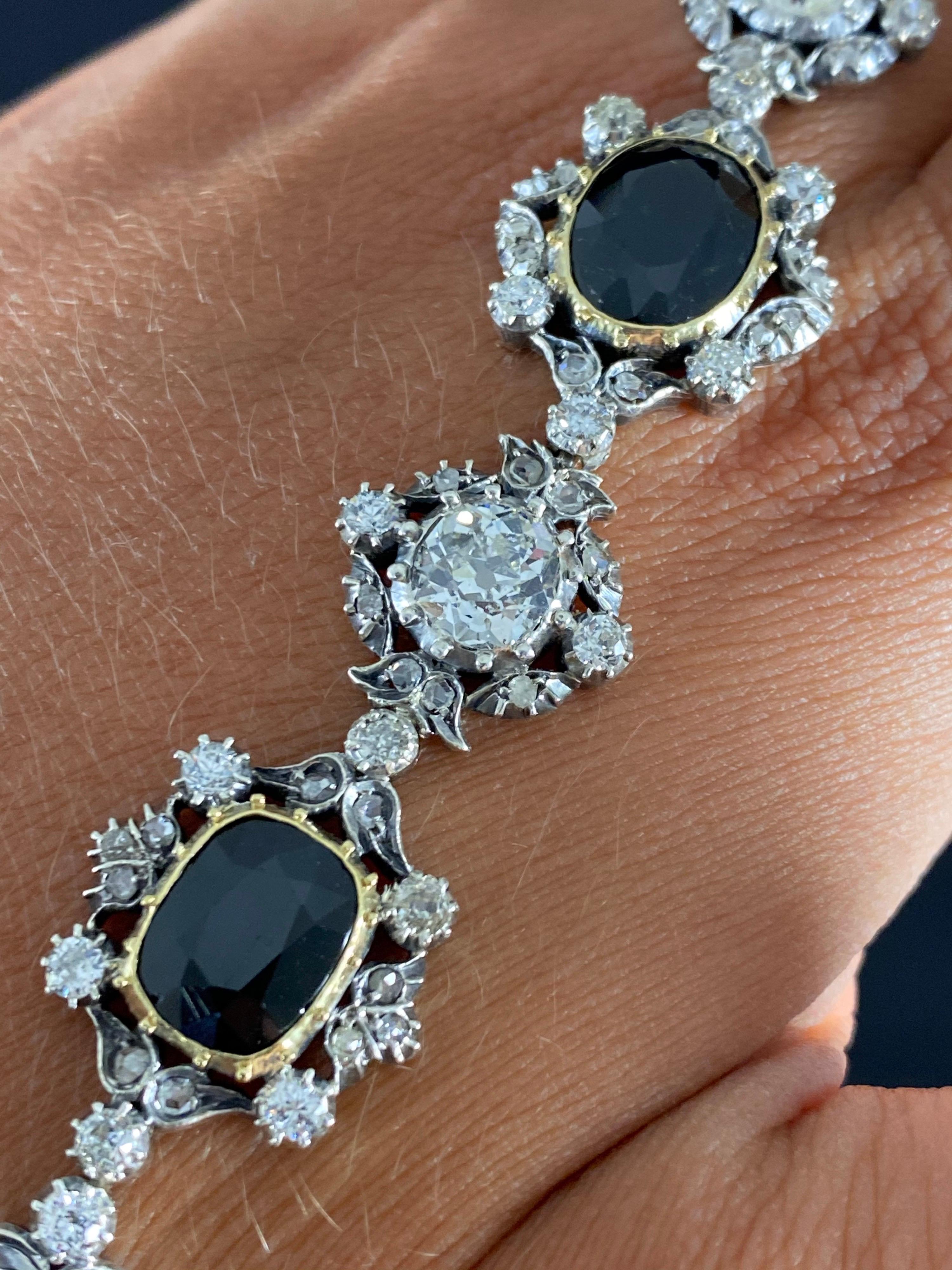 Antique Victorian Sapphire Old Mine Cut Diamond Bracelet Gold Silver 1890s For Sale 9