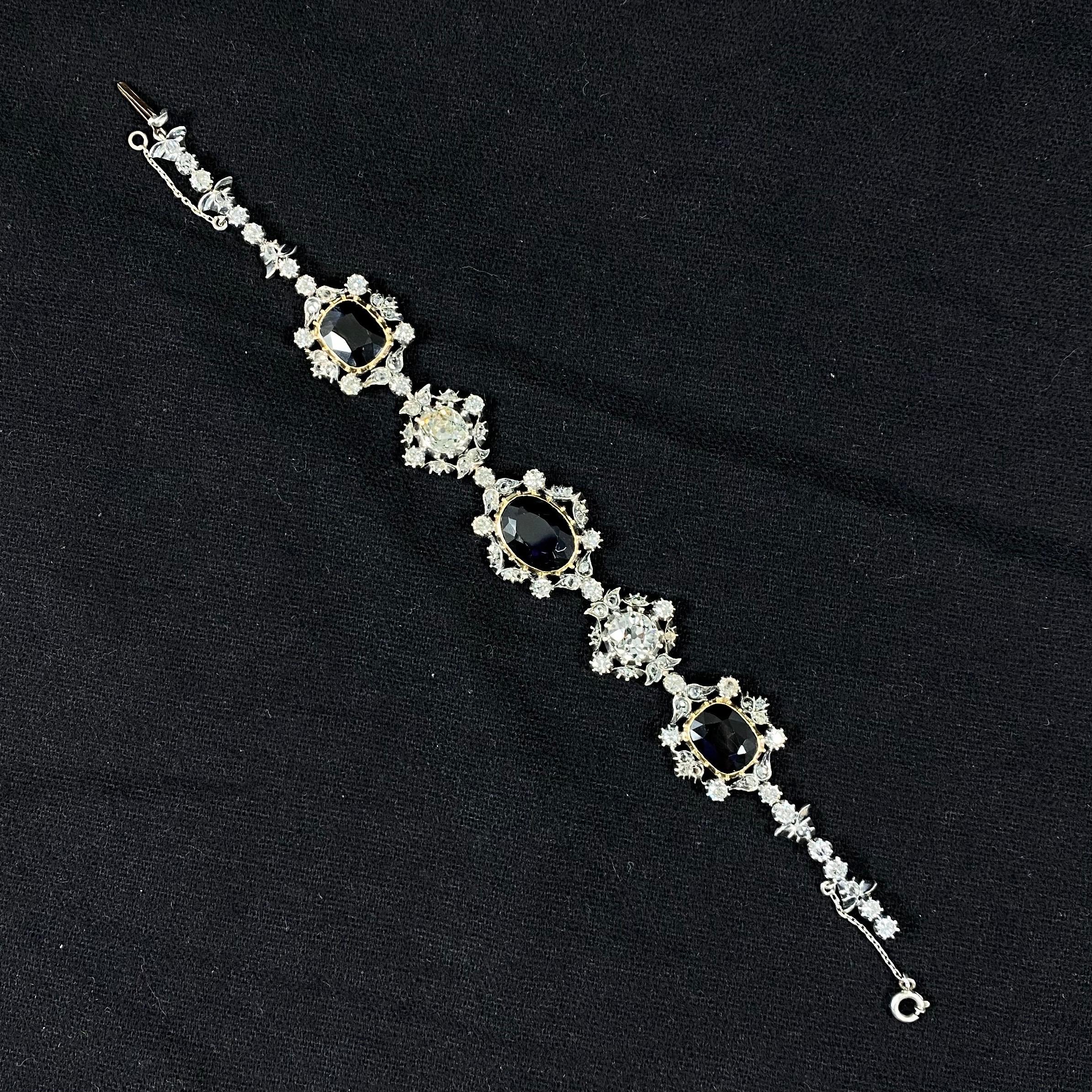 Antique Victorian Sapphire Old Mine Cut Diamond Bracelet Gold Silver 1890s For Sale 10