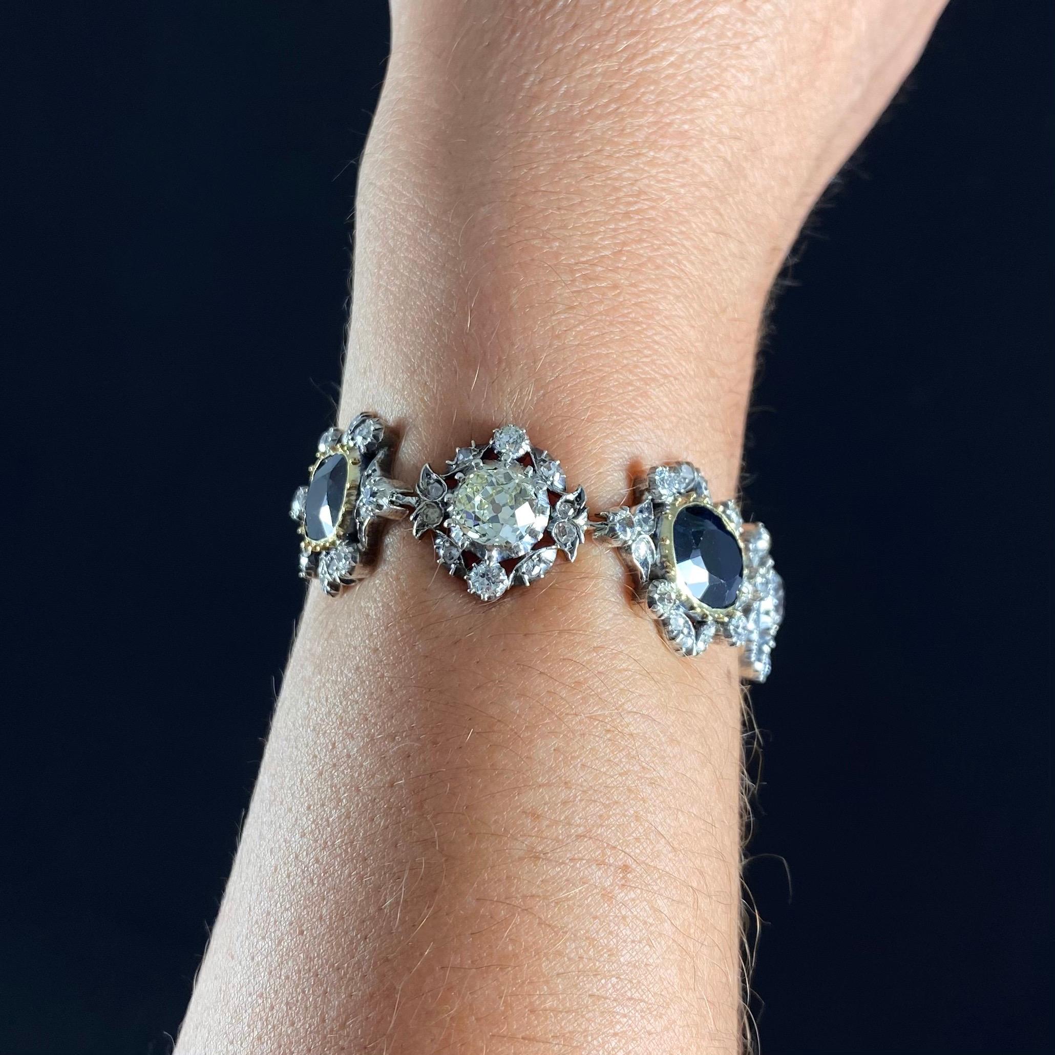 Late Victorian Antique Victorian Sapphire Old Mine Cut Diamond Bracelet Gold Silver 1890s For Sale
