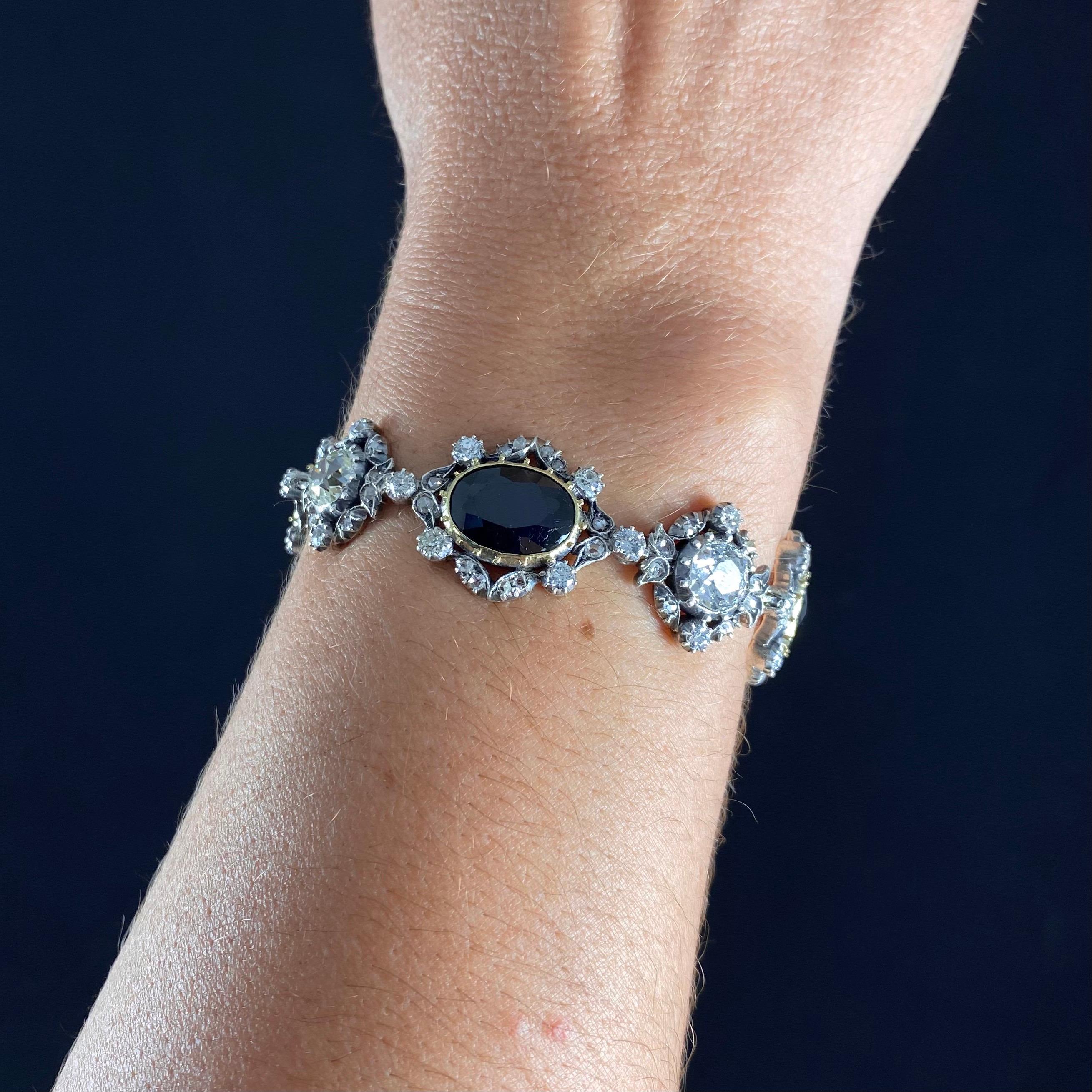 Antique Victorian Sapphire Old Mine Cut Diamond Bracelet Gold Silver 1890s In Good Condition For Sale In Lisbon, PT
