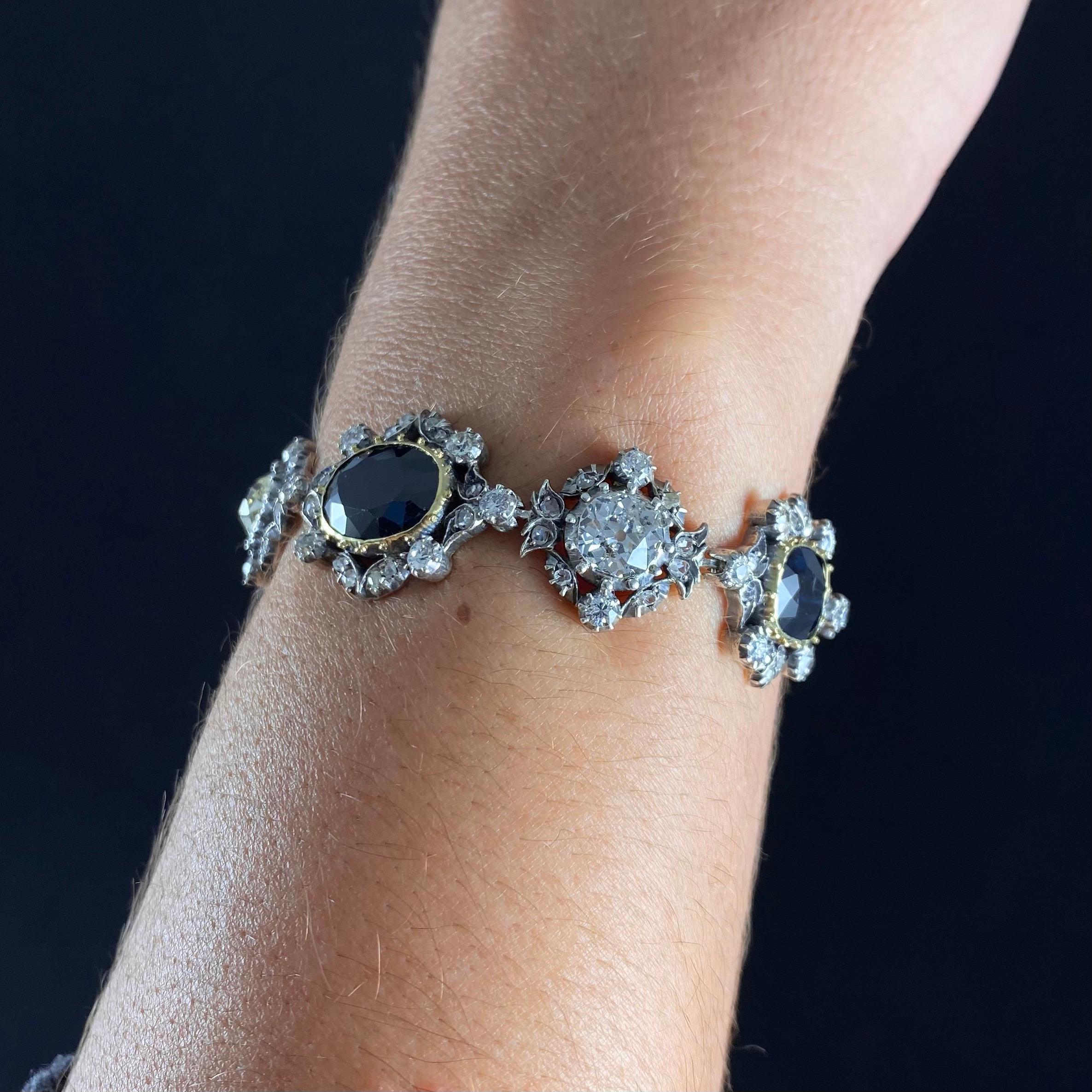 Women's Antique Victorian Sapphire Old Mine Cut Diamond Bracelet Gold Silver 1890s For Sale