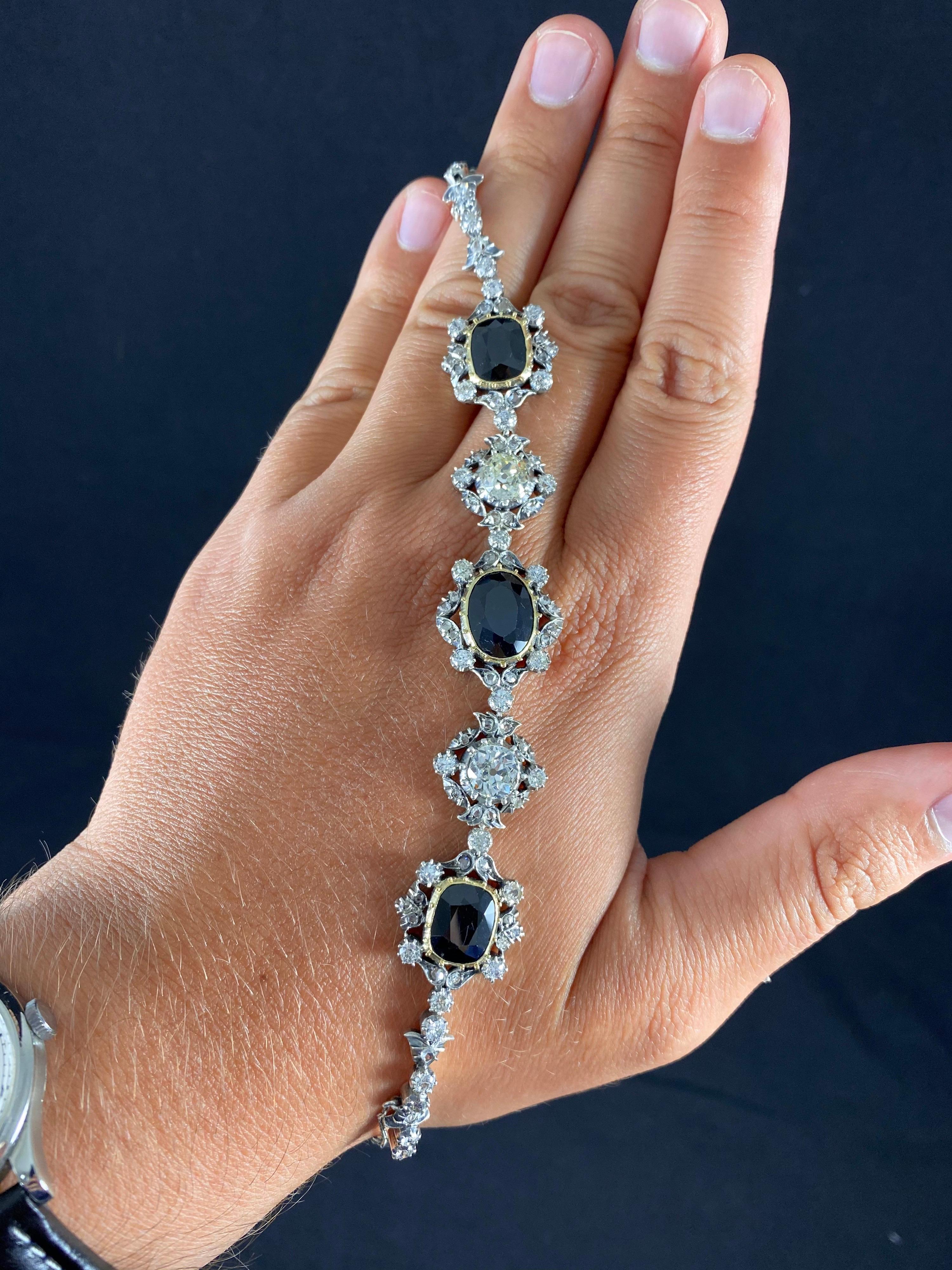 Antique Victorian Sapphire Old Mine Cut Diamond Bracelet Gold Silver 1890s For Sale 1