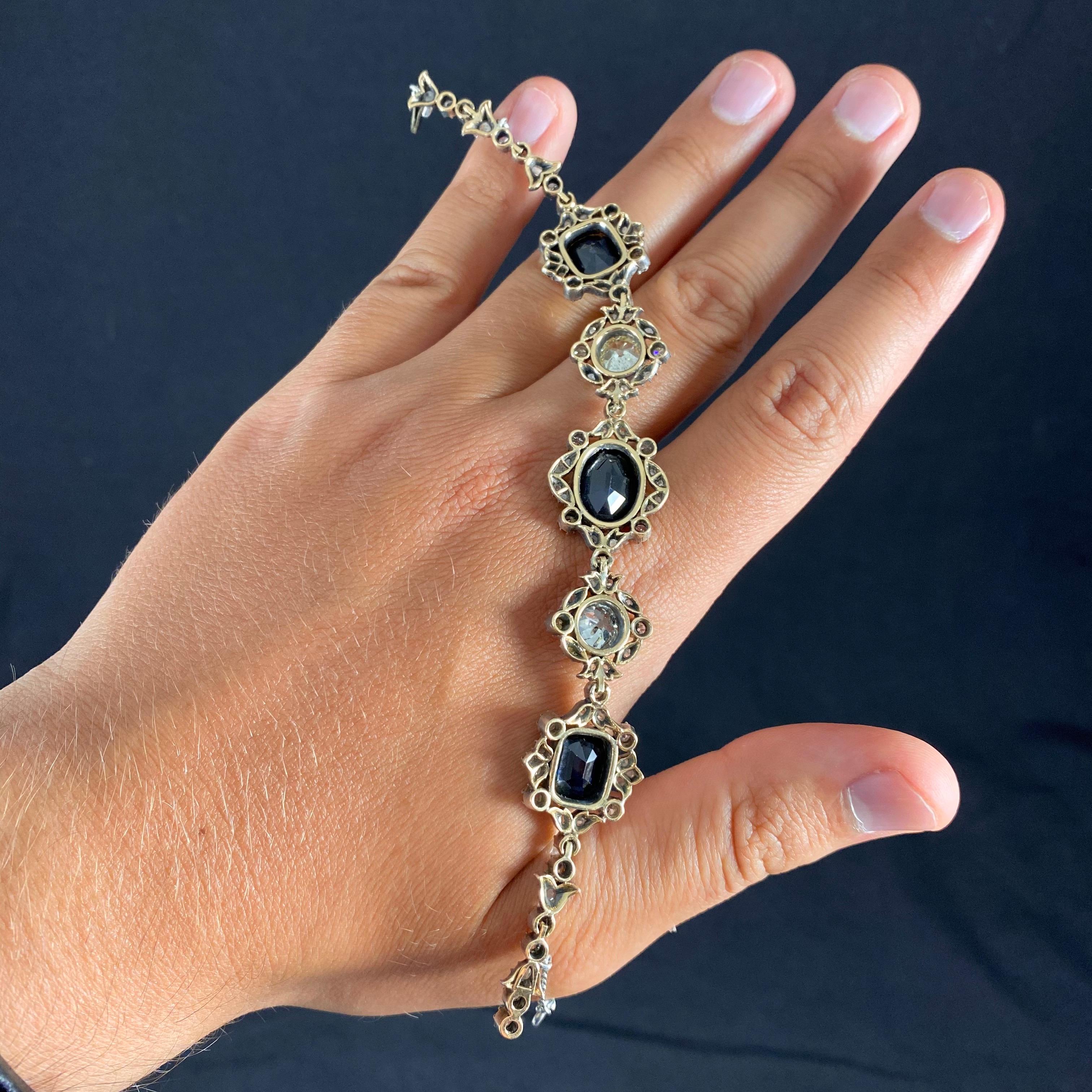 Antique Victorian Sapphire Old Mine Cut Diamond Bracelet Gold Silver 1890s For Sale 2