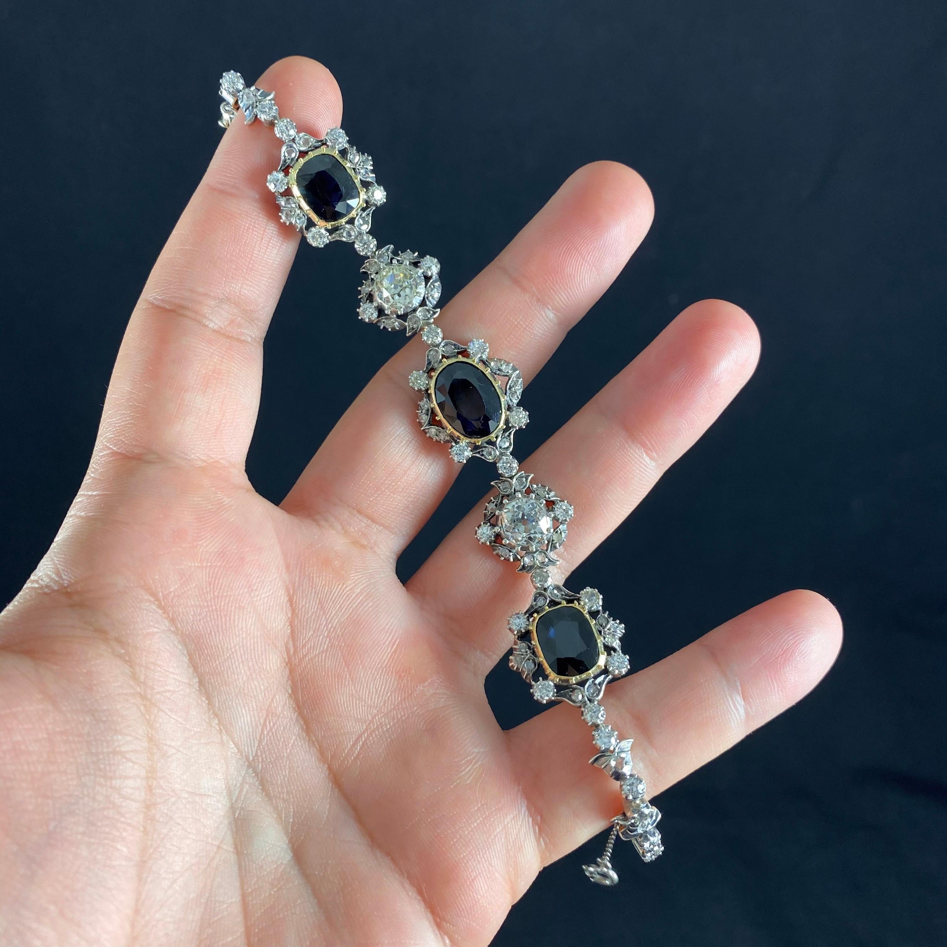Antique Victorian Sapphire Old Mine Cut Diamond Bracelet Gold Silver 1890s For Sale 3