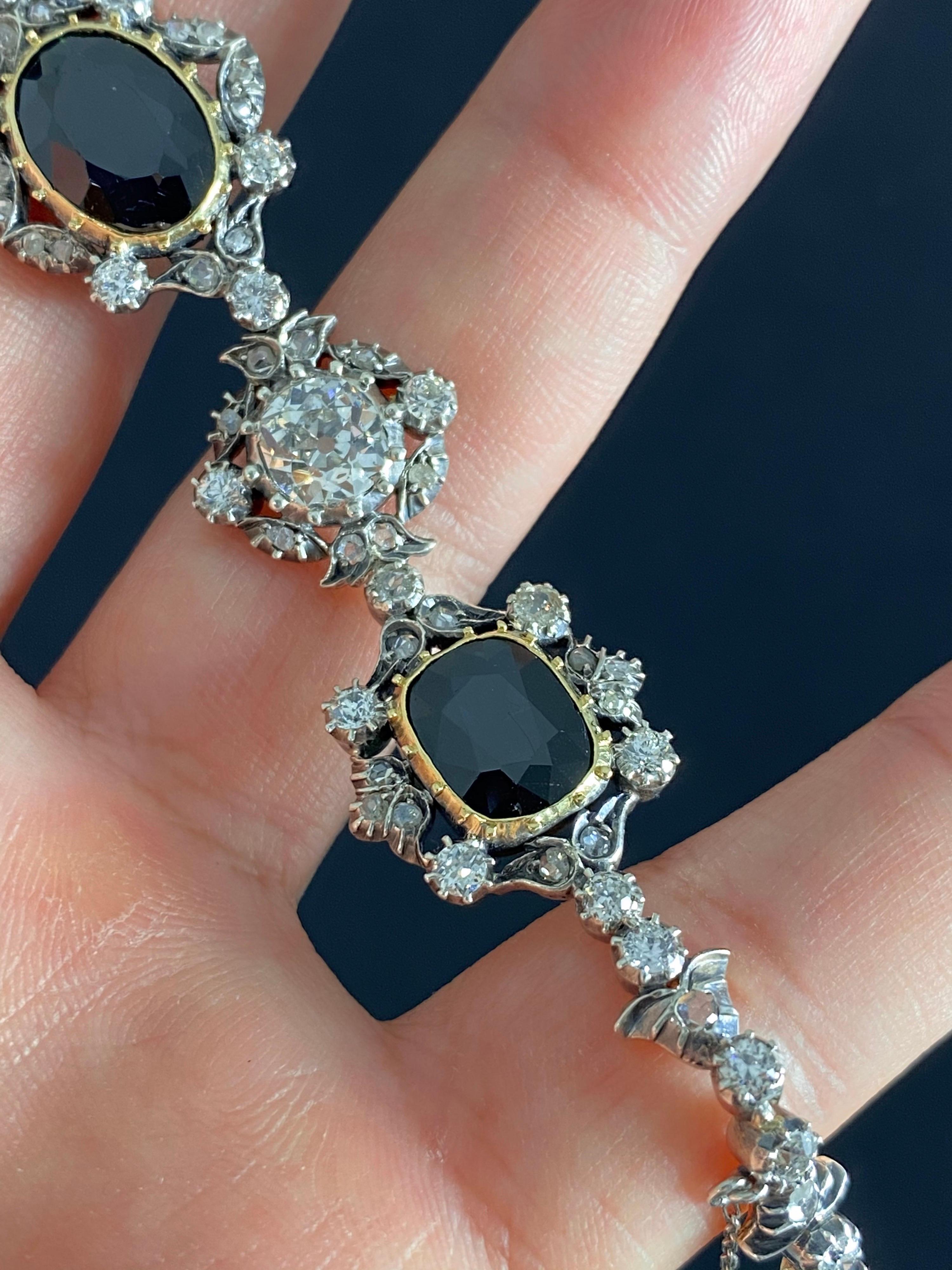 Antique Victorian Sapphire Old Mine Cut Diamond Bracelet Gold Silver 1890s For Sale 4