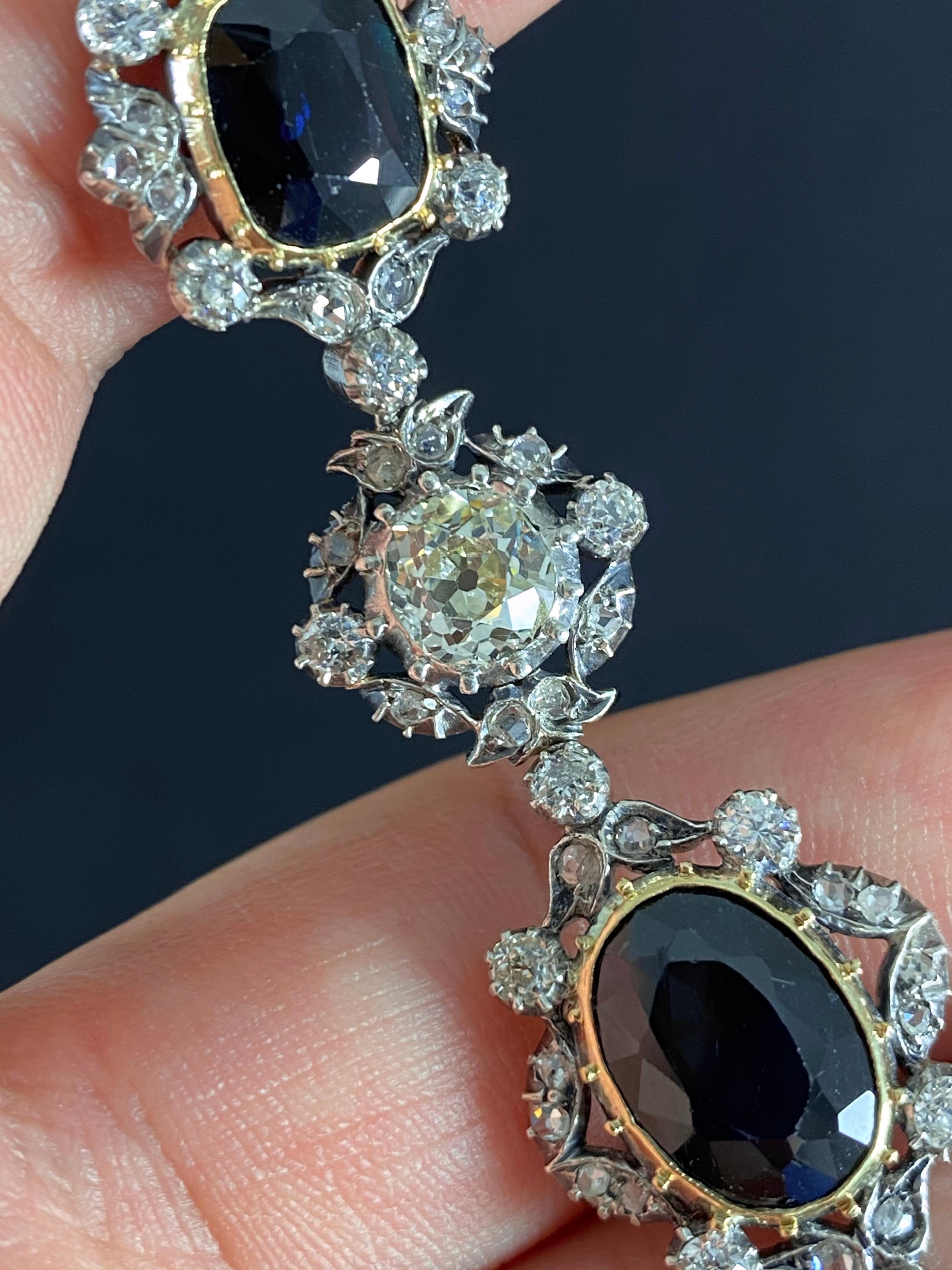 Antique Victorian Sapphire Old Mine Cut Diamond Bracelet Silver Gold, 1890s For Sale 3