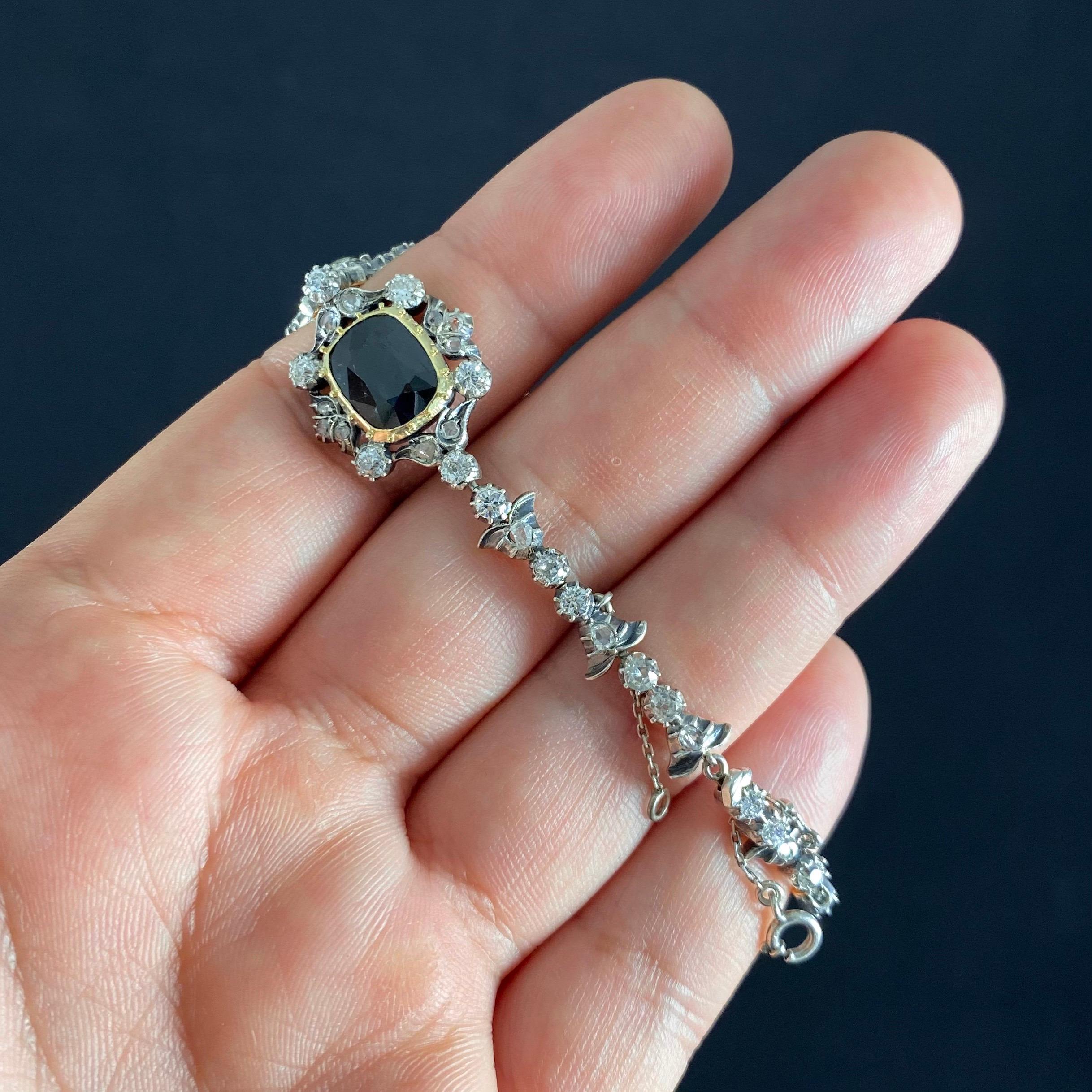 Antique Victorian Sapphire Old Mine Cut Diamond Bracelet Silver Gold, 1890s For Sale 5