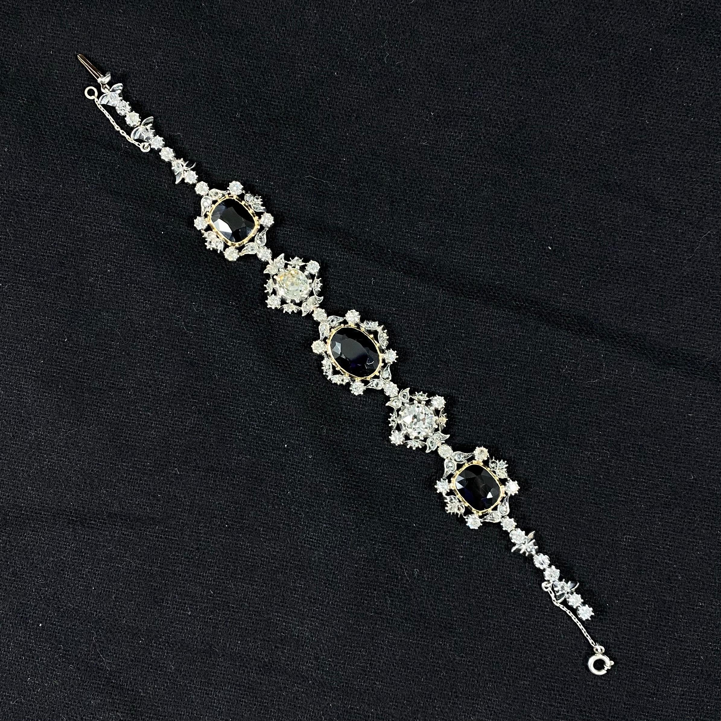 Antique Victorian Sapphire Old Mine Cut Diamond Bracelet Silver Gold, 1890s For Sale 7