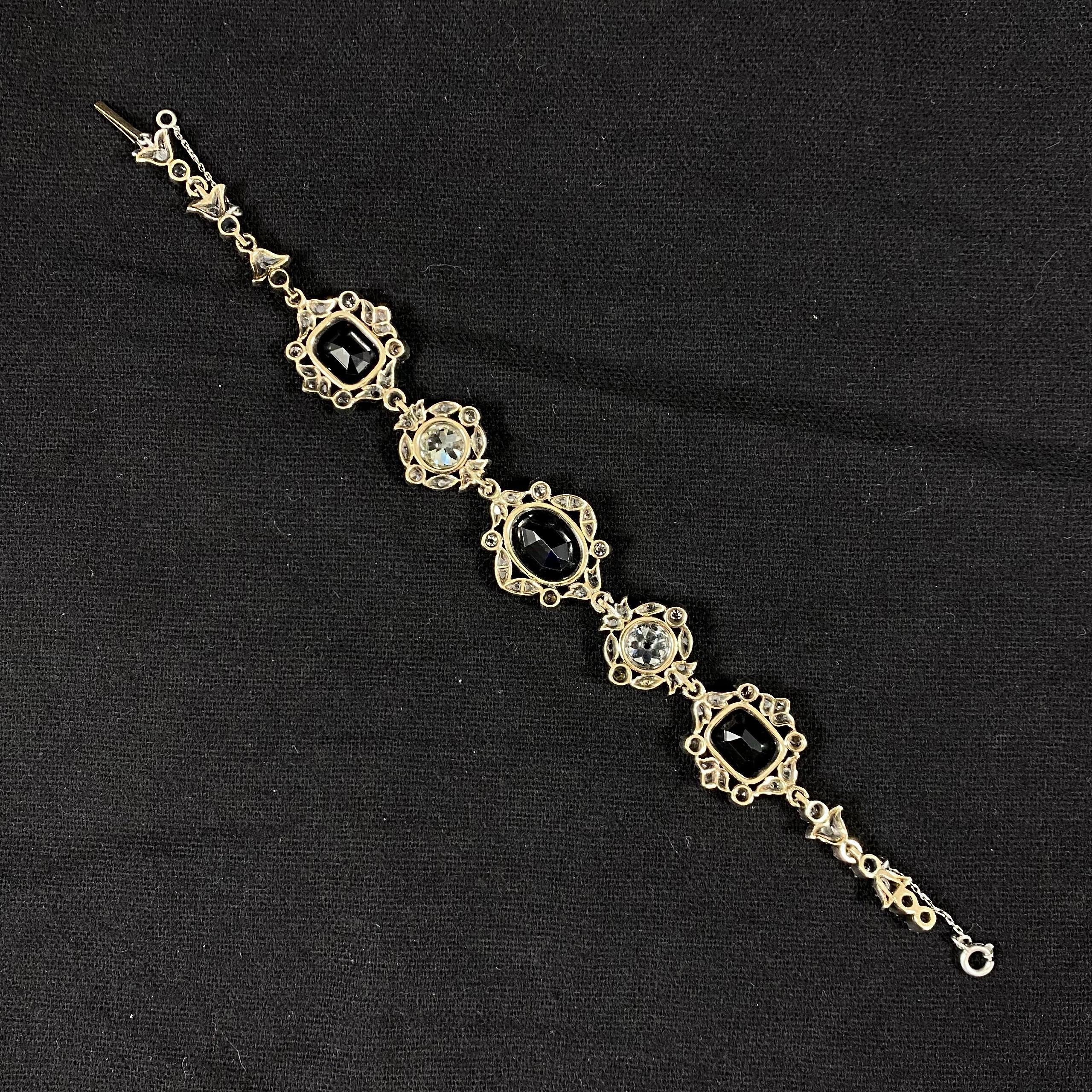 Antique Victorian Sapphire Old Mine Cut Diamond Bracelet Silver Gold, 1890s For Sale 8