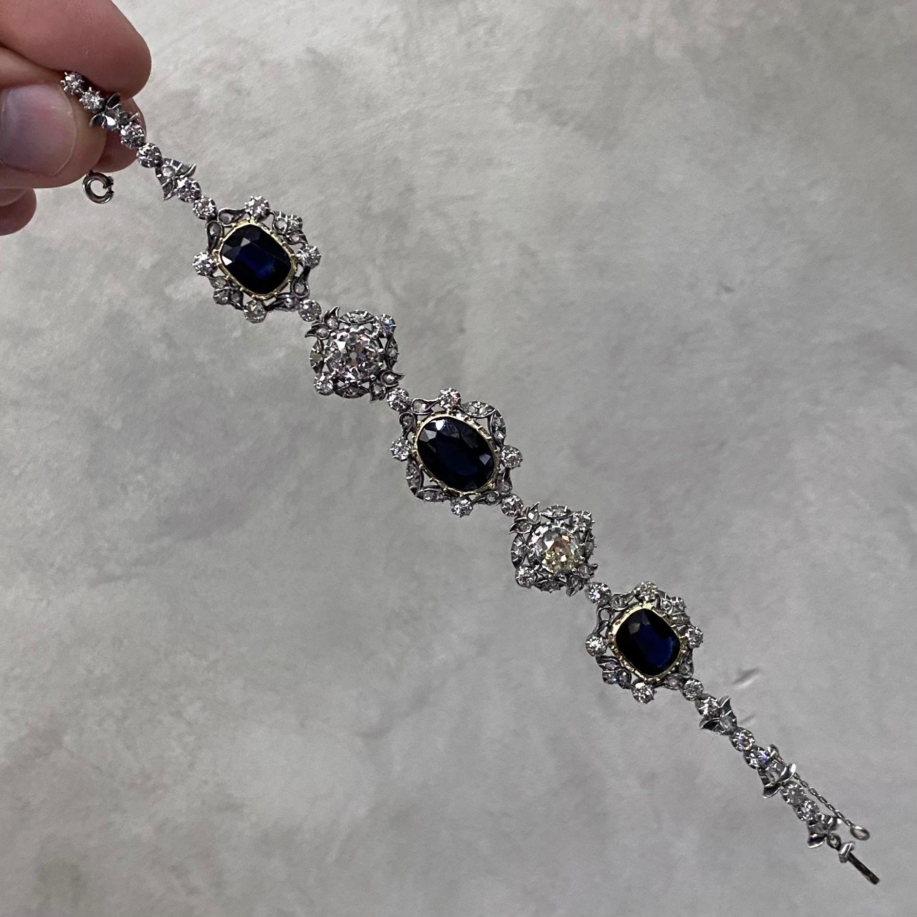 Bracelet victorien ancien en or argenté avec saphirs et diamants taille vieille mine, années 1890 en vente 13