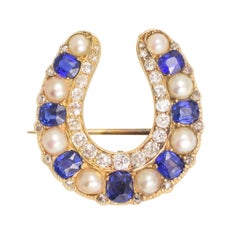 Antique Victorian Sapphire Pearl Diamond Horseshoe Brooch