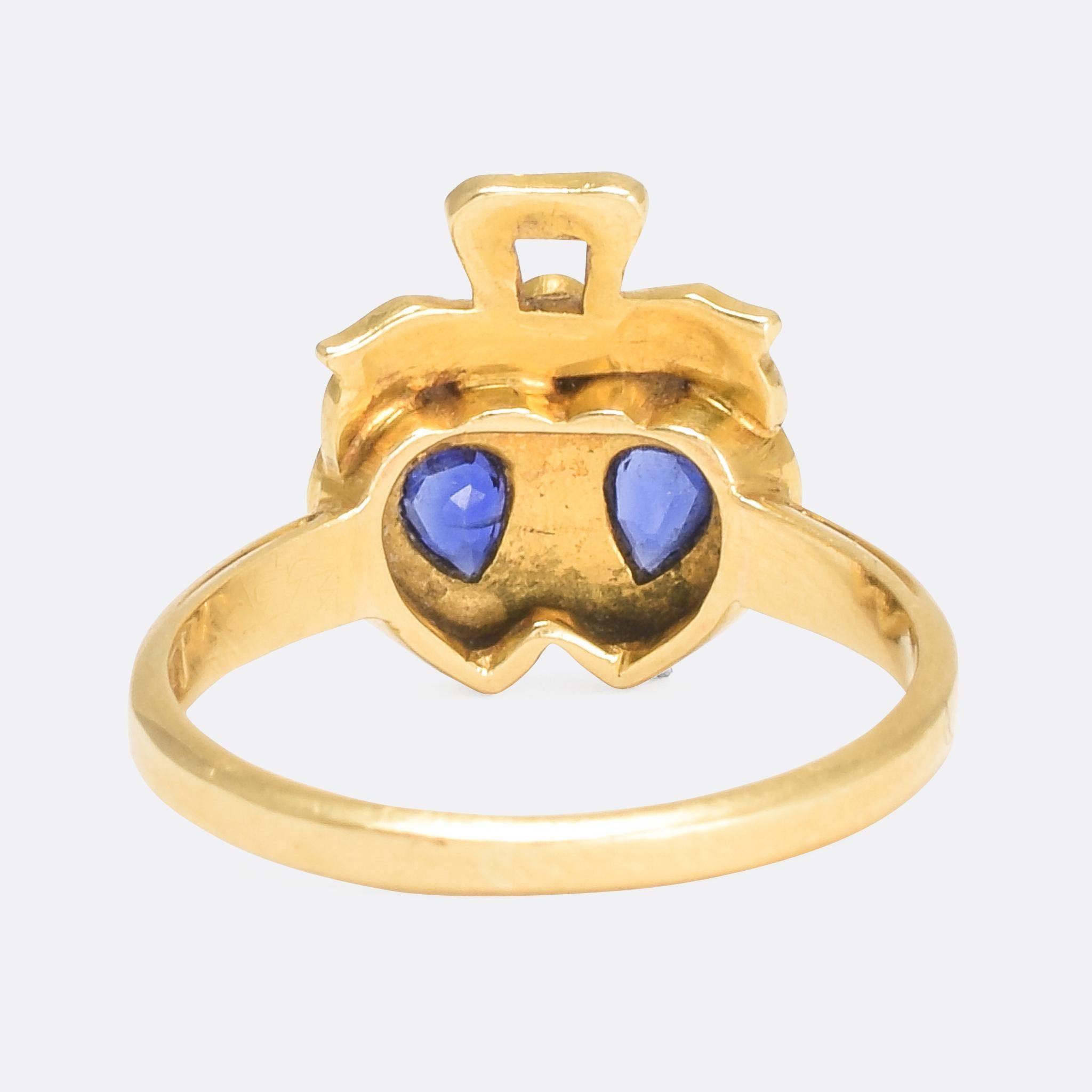 Late Victorian Antique Victorian Sapphire Pearl Double Heart Ring