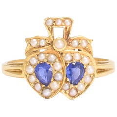Antique Victorian Sapphire Pearl Double Heart Ring
