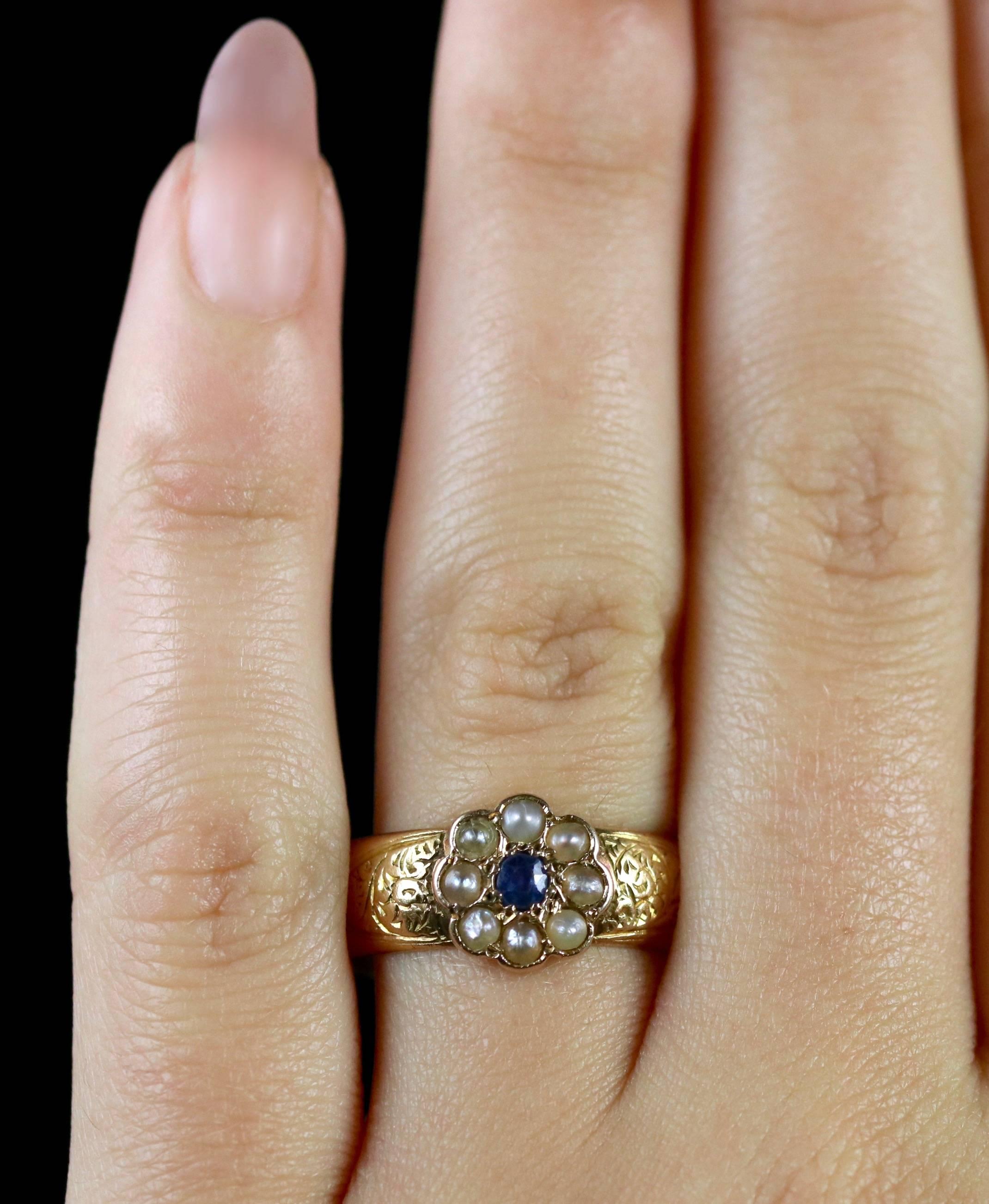 Women's Antique Victorian Sapphire Pearl Wedding Band Ring 18 Carat, circa 1900 For Sale