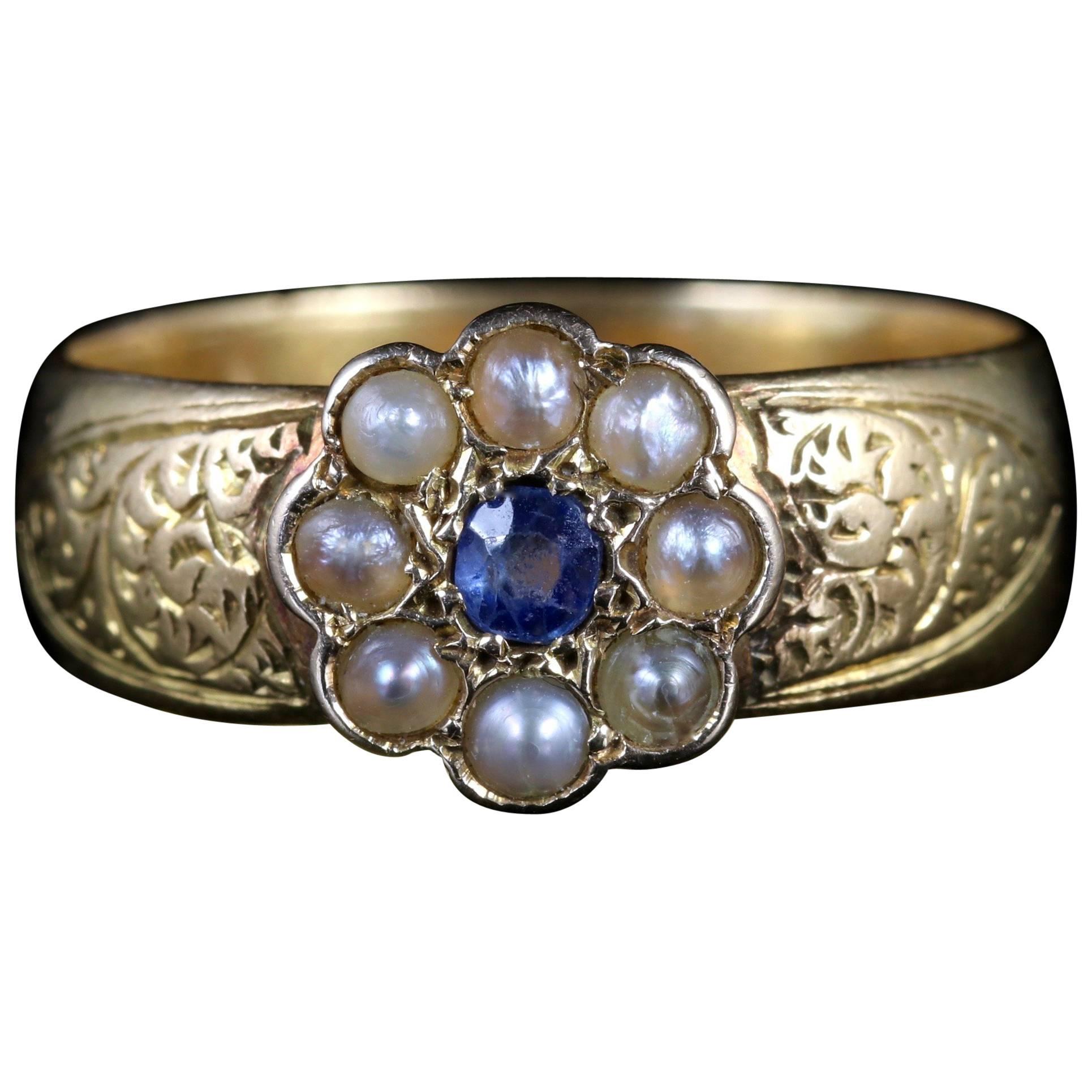 Antique Victorian Sapphire Pearl Wedding Band Ring 18 Carat, circa 1900 For Sale