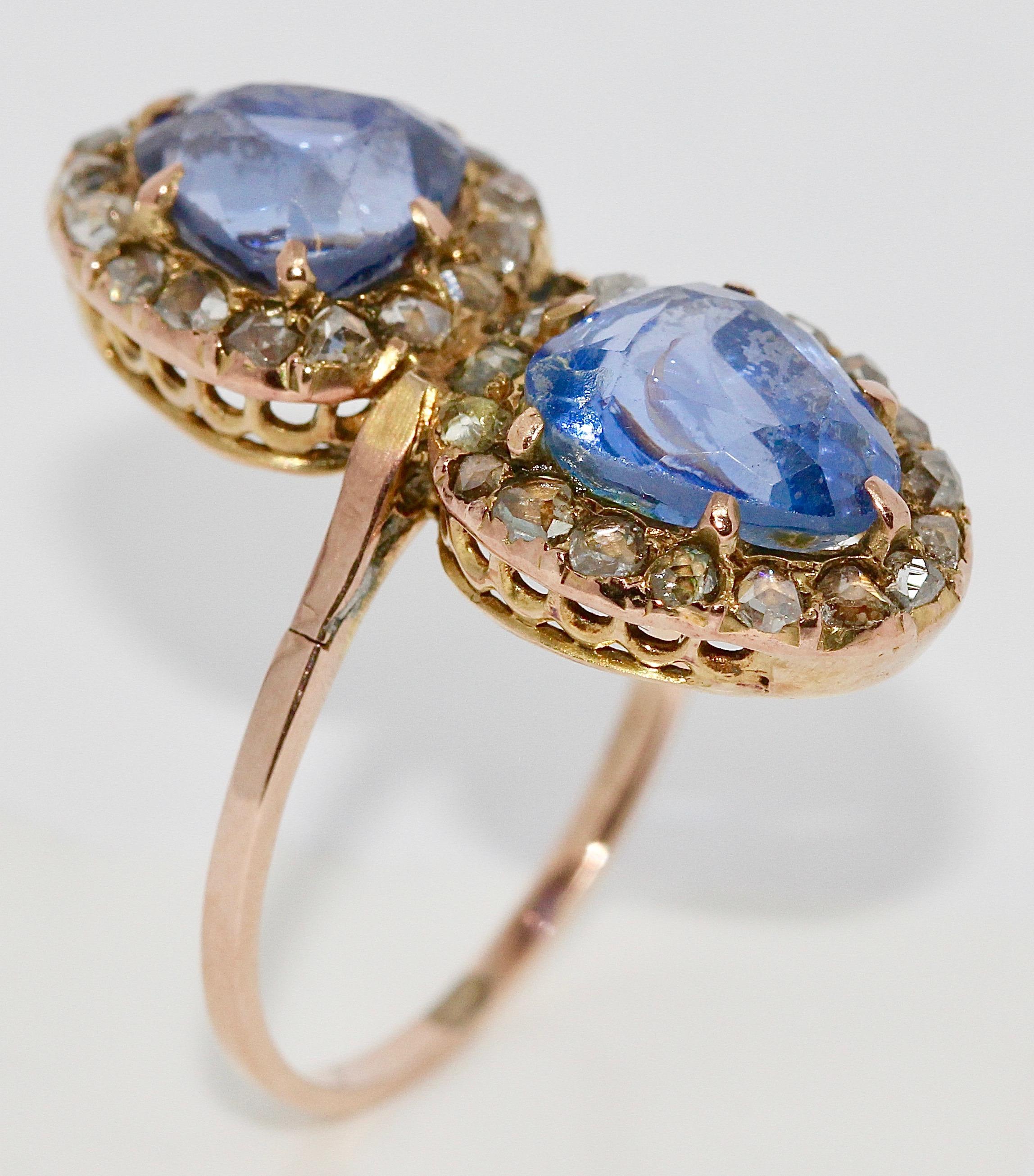 Antique Victorian Sapphire Ring with Rose Cut Diamonds, 14 Karat Gold
