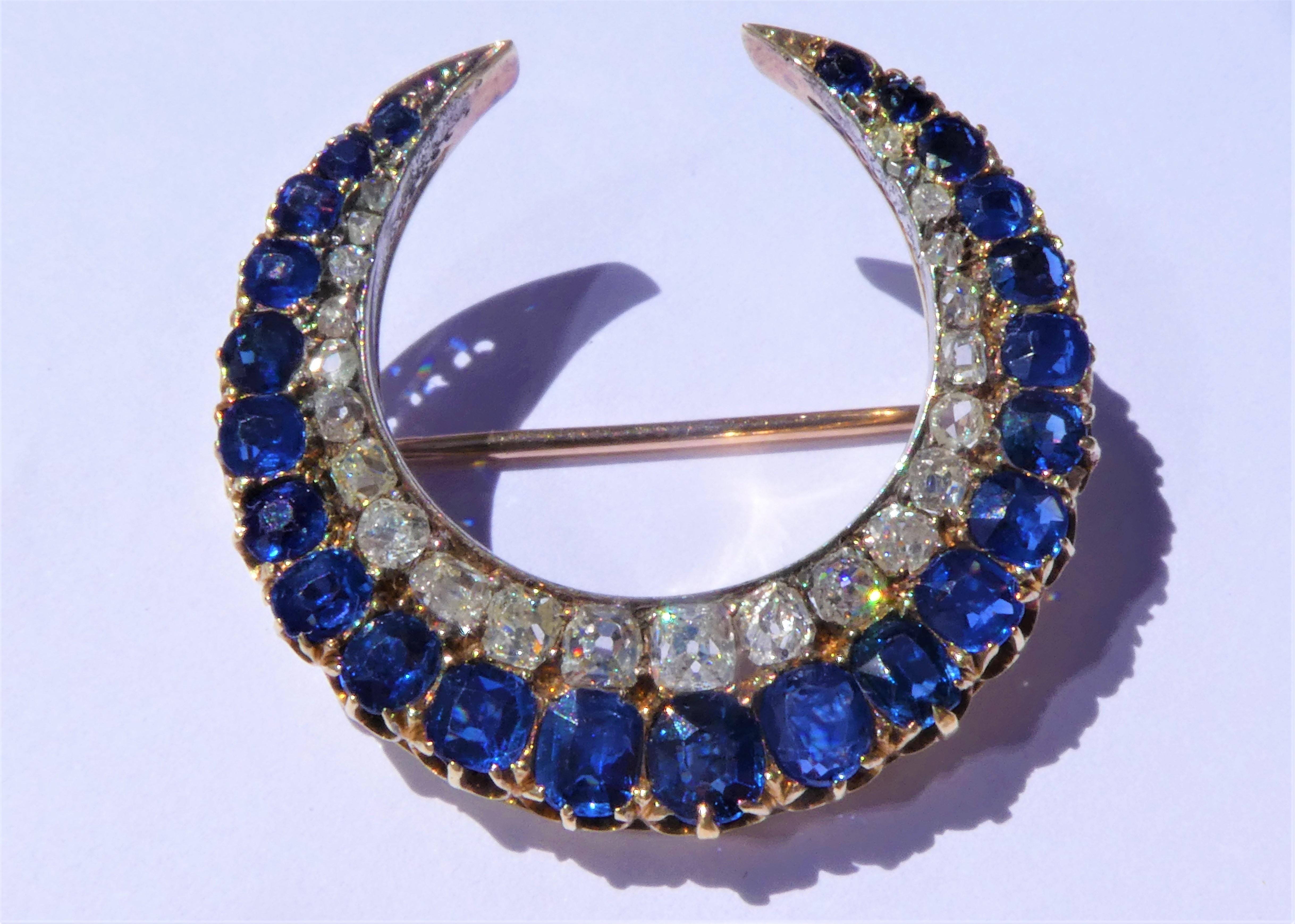Old Mine Cut Antique Victorian Sapphires Diamonds Crescent Rose Gold Silver Moon Brooch For Sale