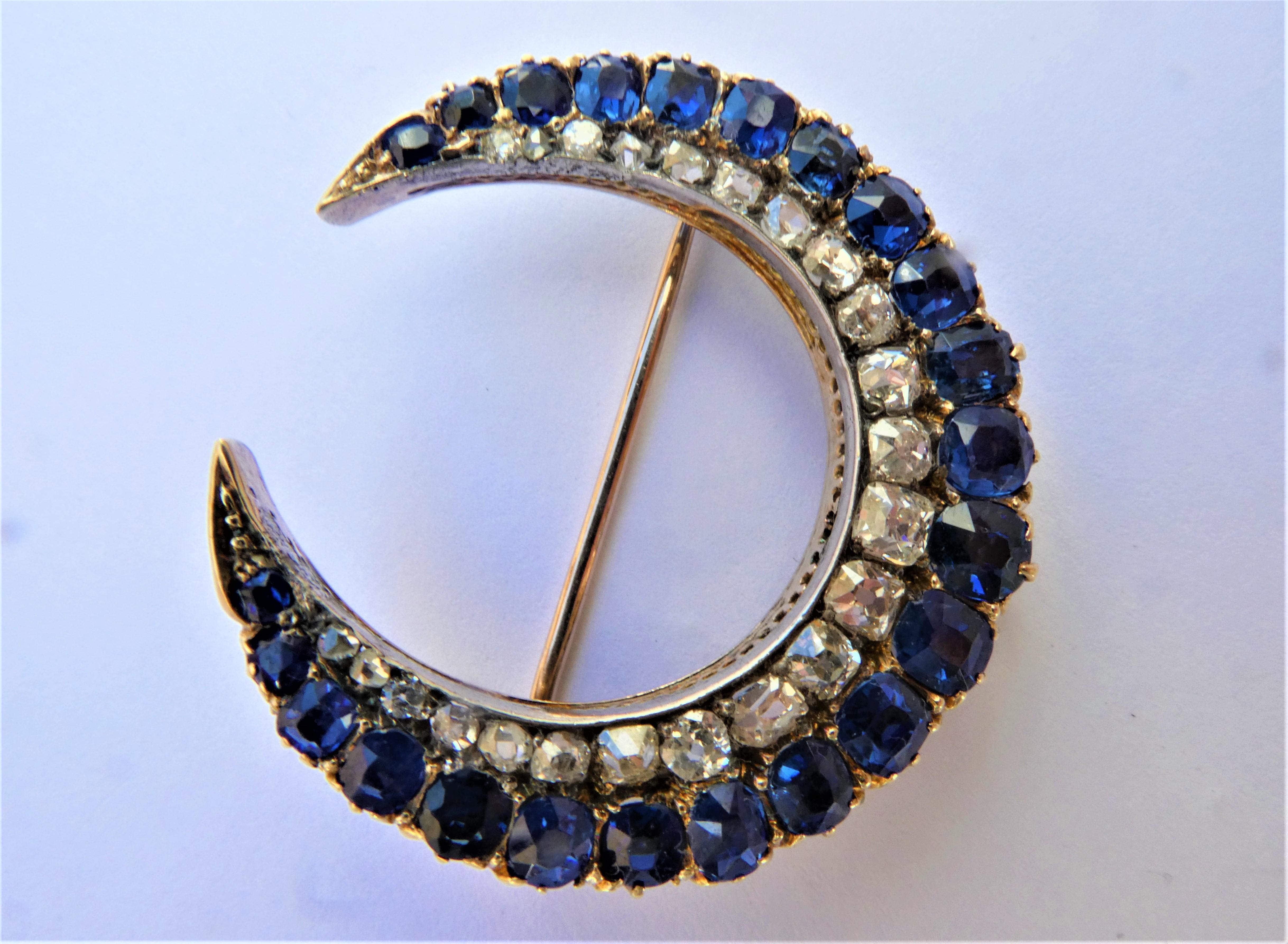 Antique Victorian Sapphires Diamonds Crescent Rose Gold Silver Moon Brooch For Sale 1