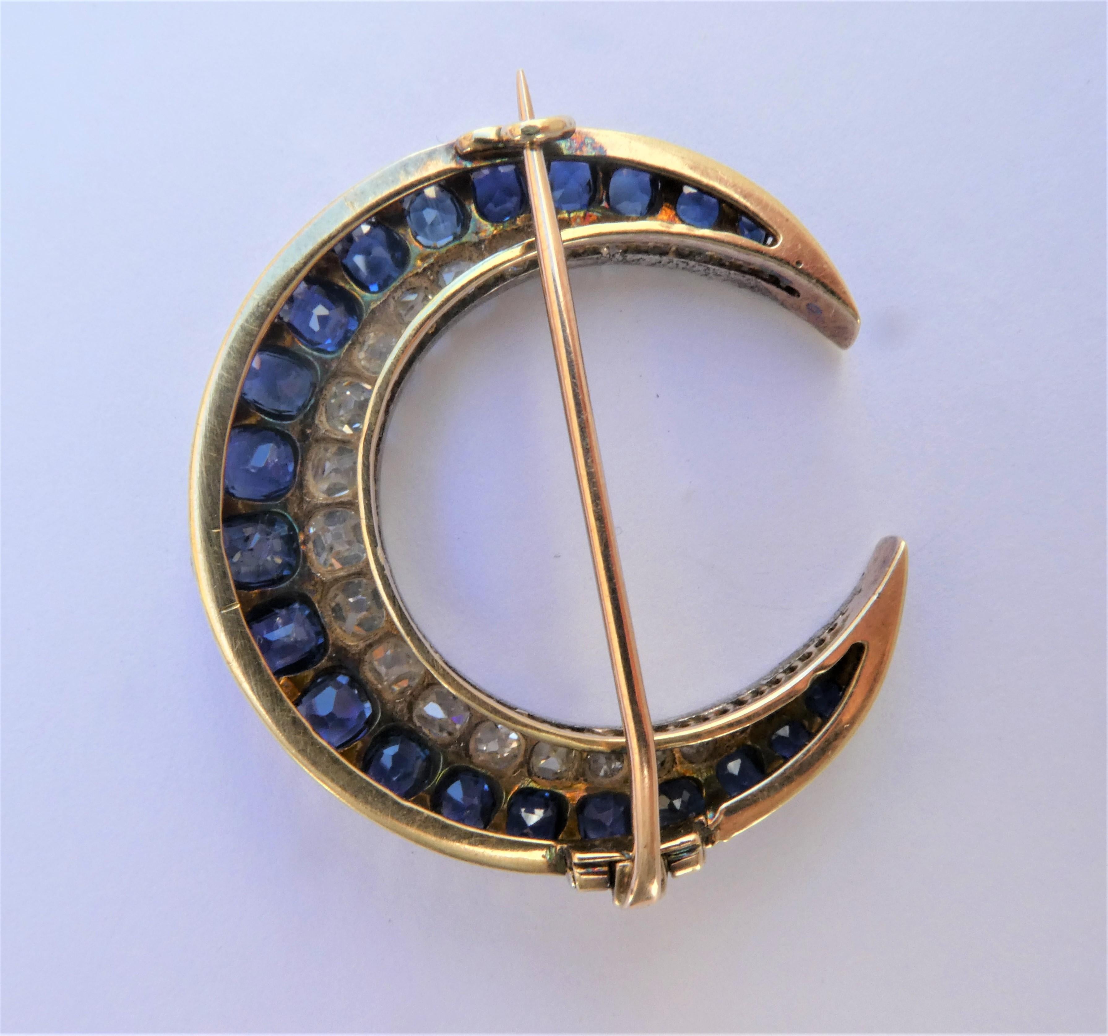 Antique Victorian Sapphires Diamonds Crescent Rose Gold Silver Moon Brooch For Sale 2