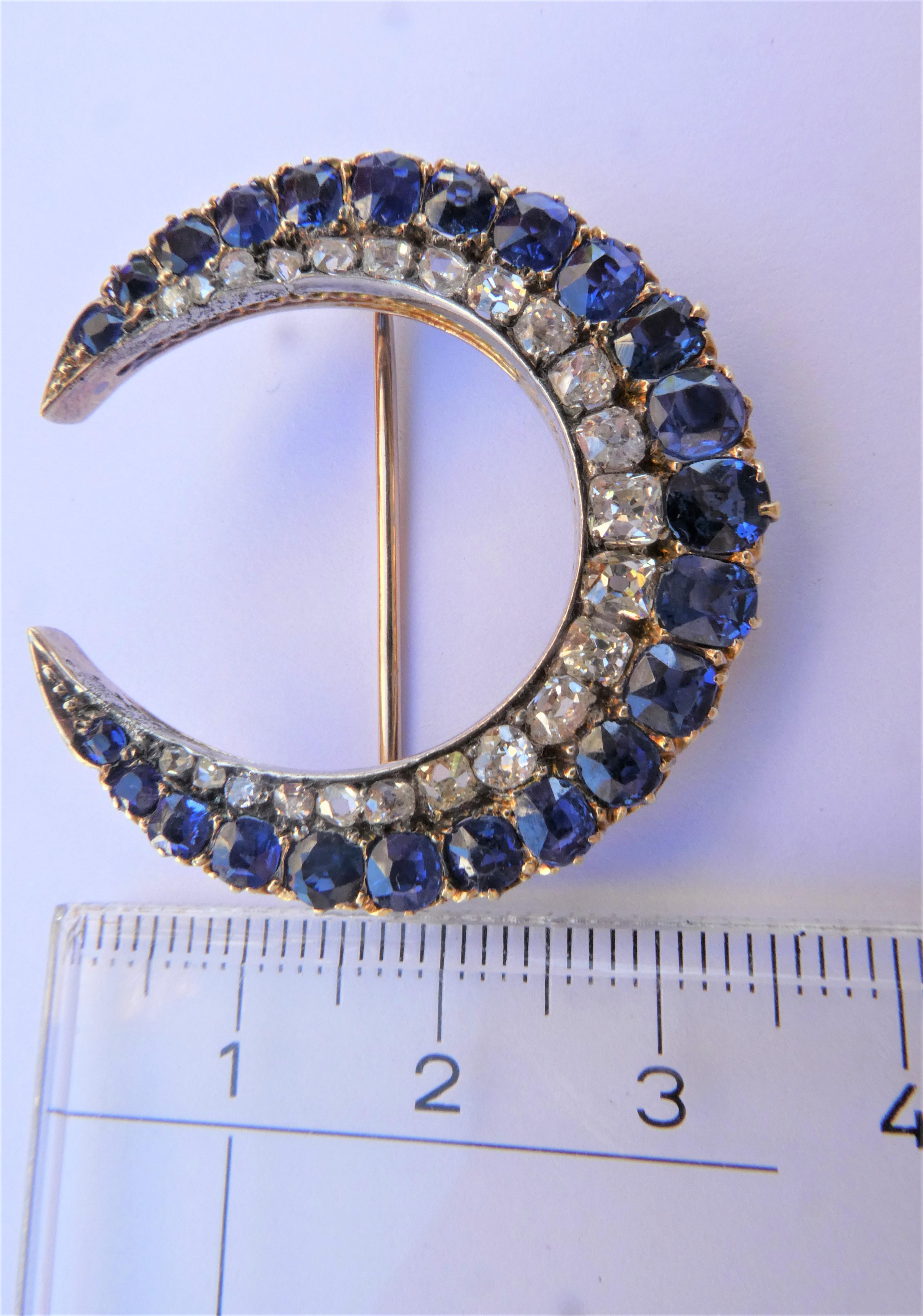Antique Victorian Sapphires Diamonds Crescent Rose Gold Silver Moon Brooch For Sale 3