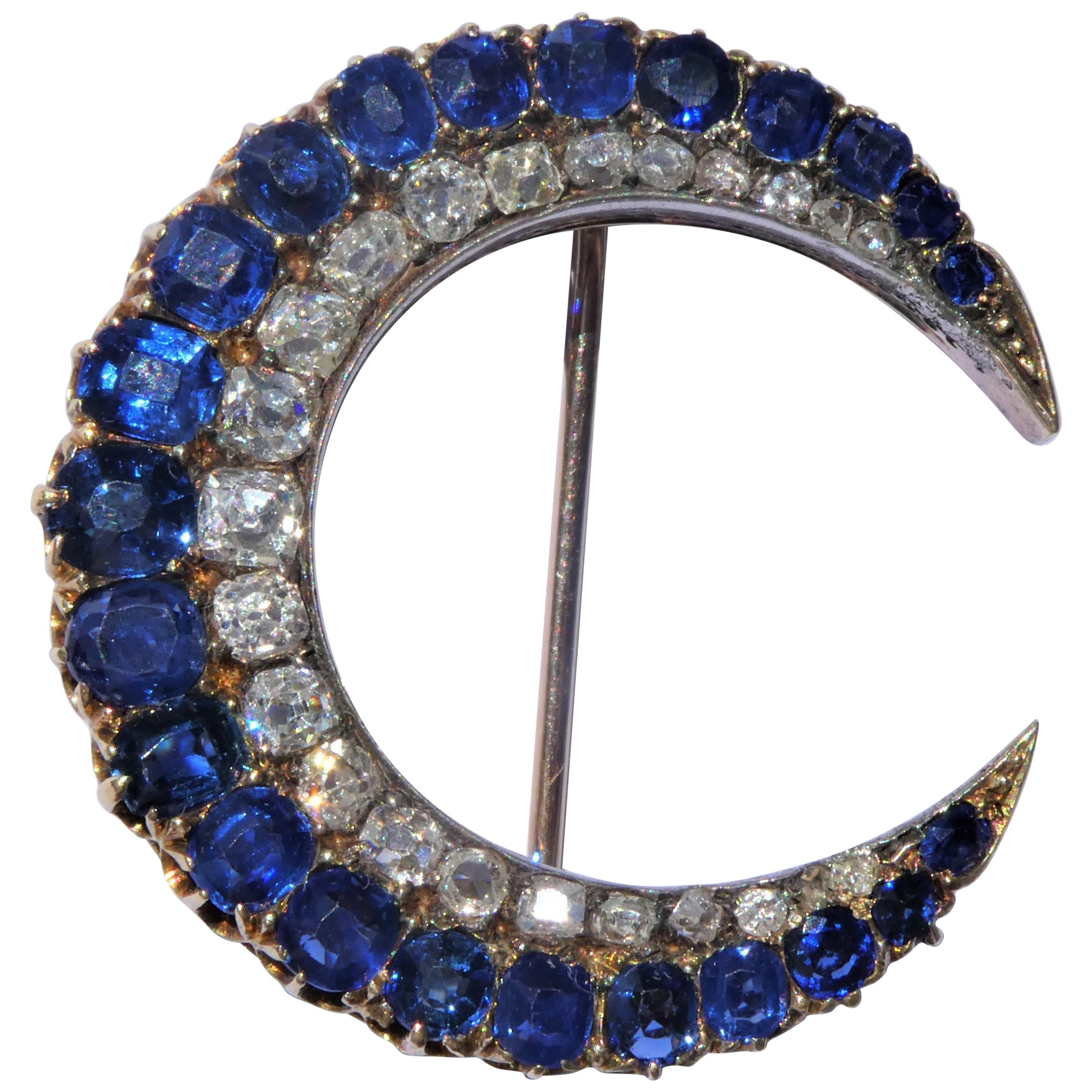 Antique Victorian Sapphires Diamonds Crescent Rose Gold Silver Moon Brooch For Sale