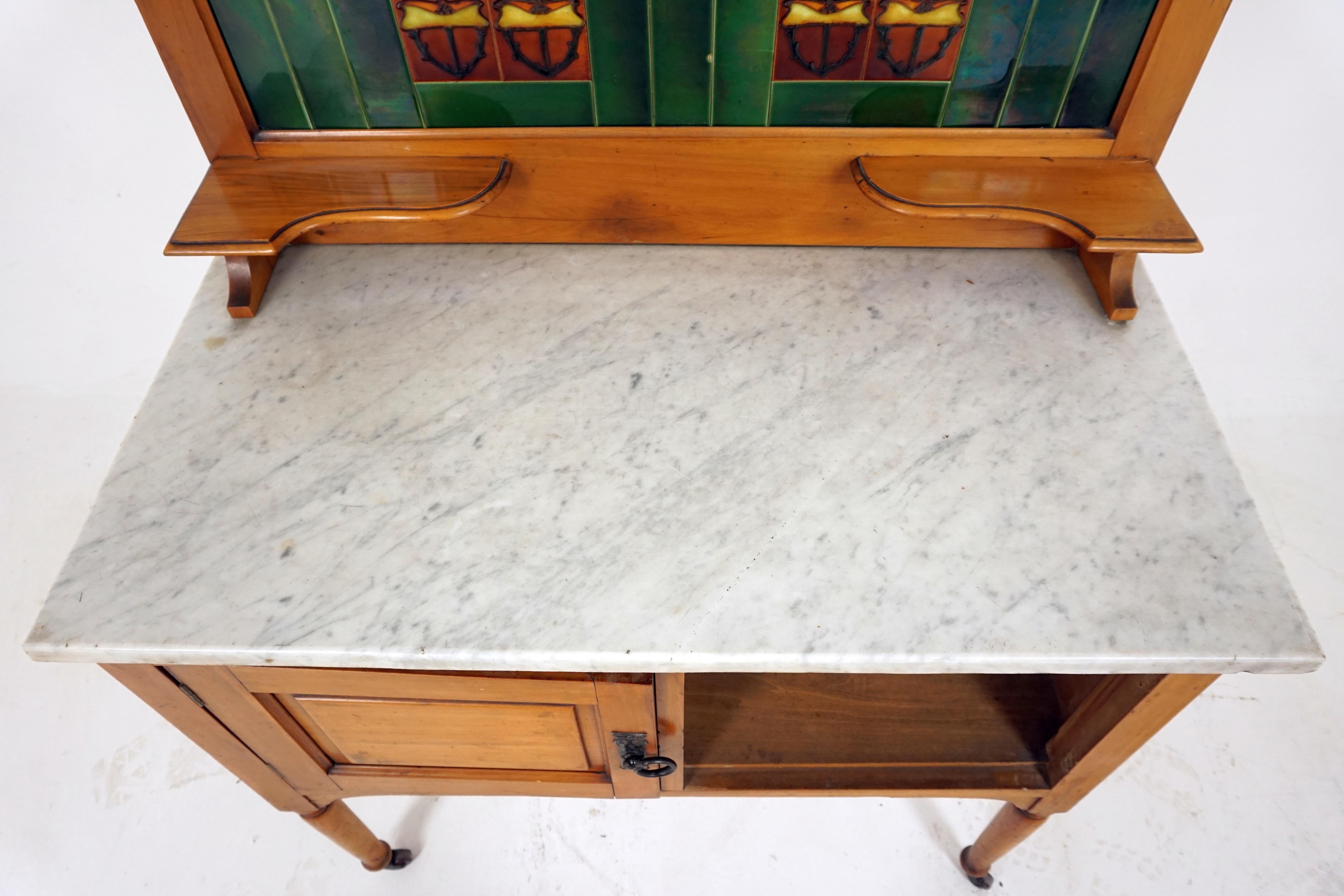Antique Victorian Satin Walnut Marble Top Washstand, Tiles, Scotland, 1900 In Good Condition In Vancouver, BC