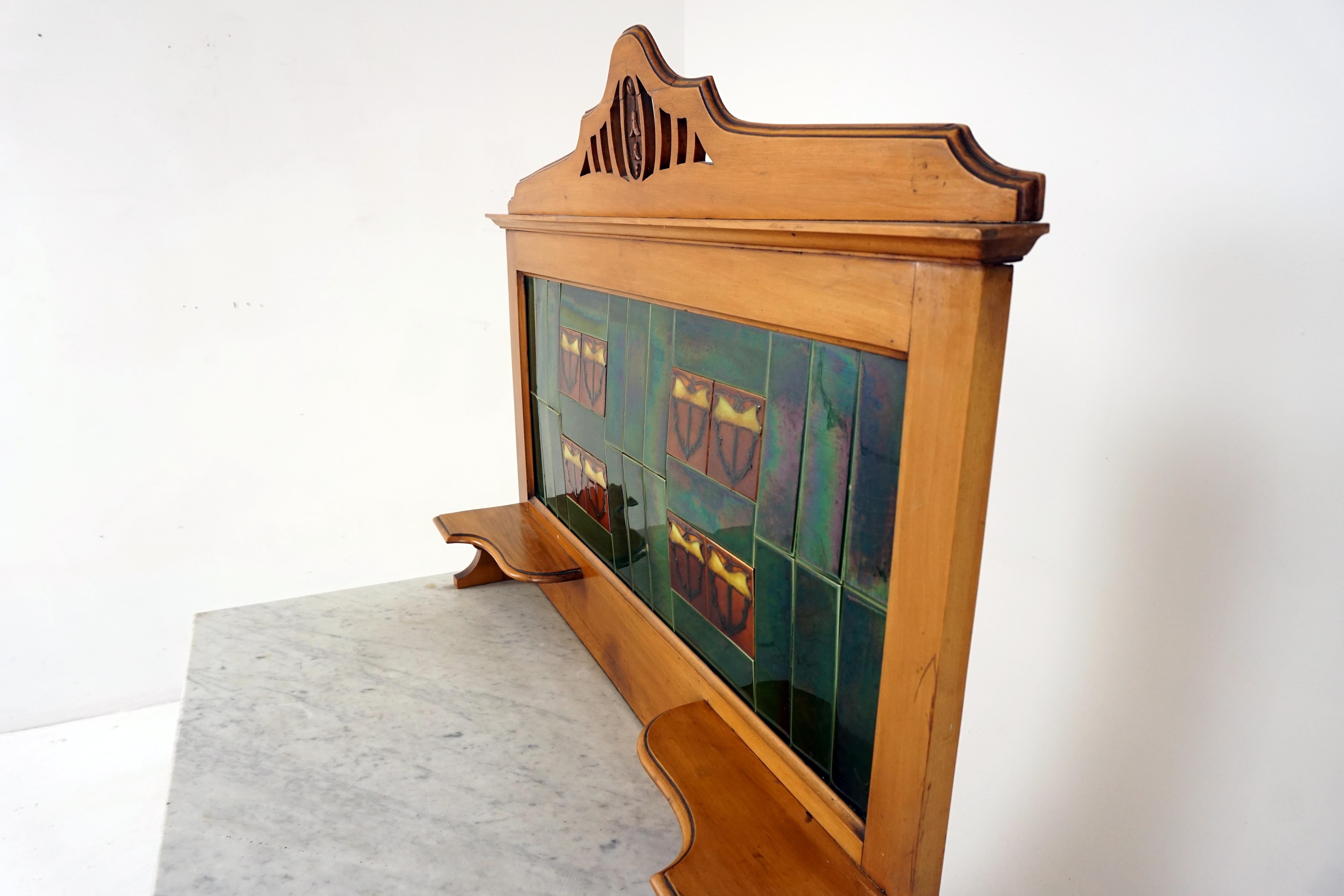 Antique Victorian Satin Walnut Marble Top Washstand, Tiles, Scotland, 1900 3