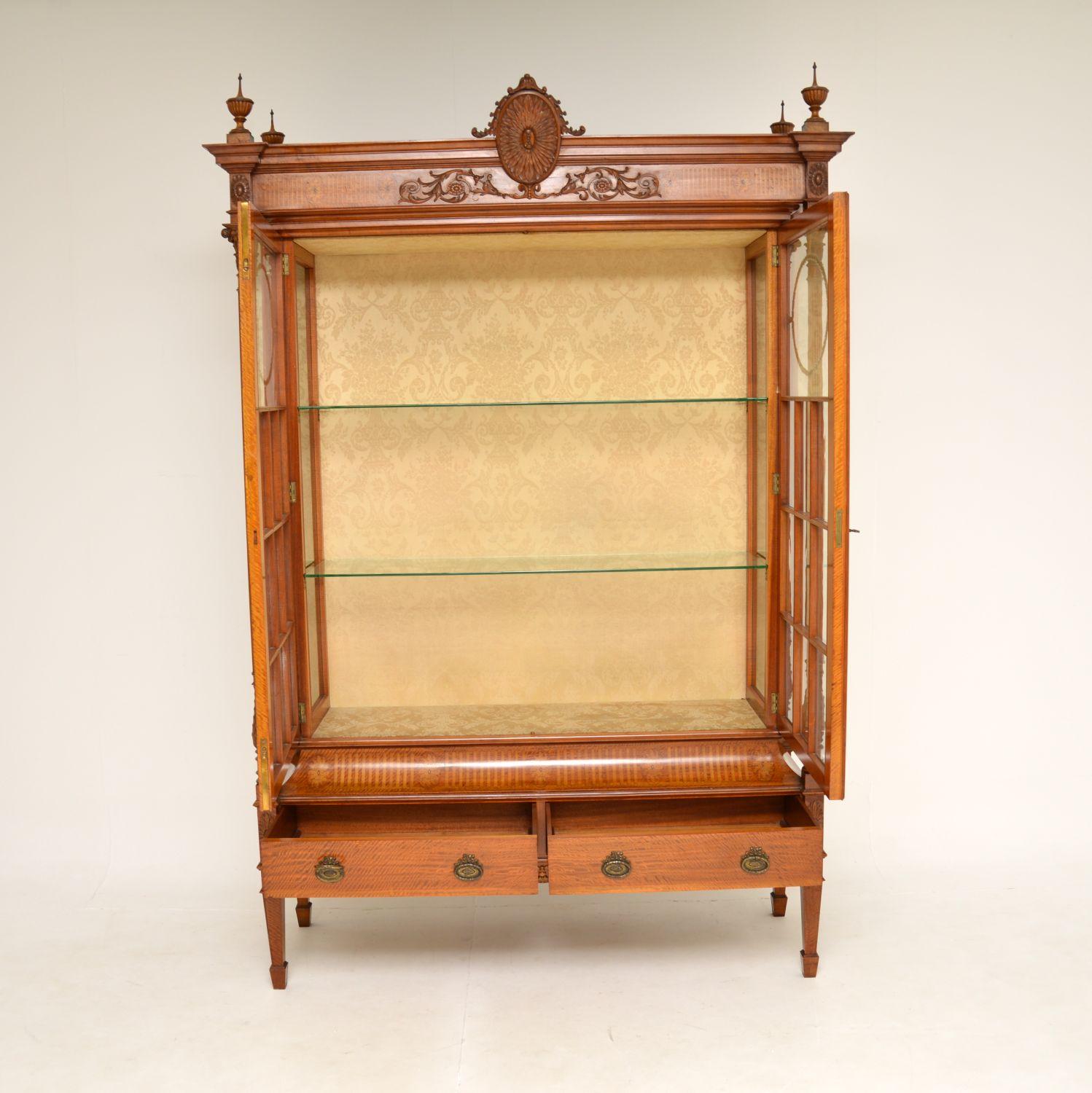 Sheraton Antique Victorian Satin Wood Display Cabinet For Sale