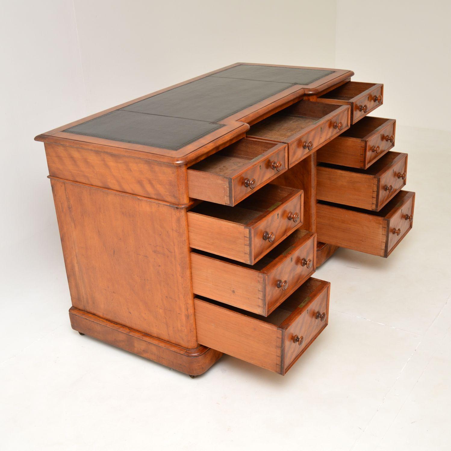 British Antique Victorian Satin Wood Leather Top Pedestal Desk For Sale
