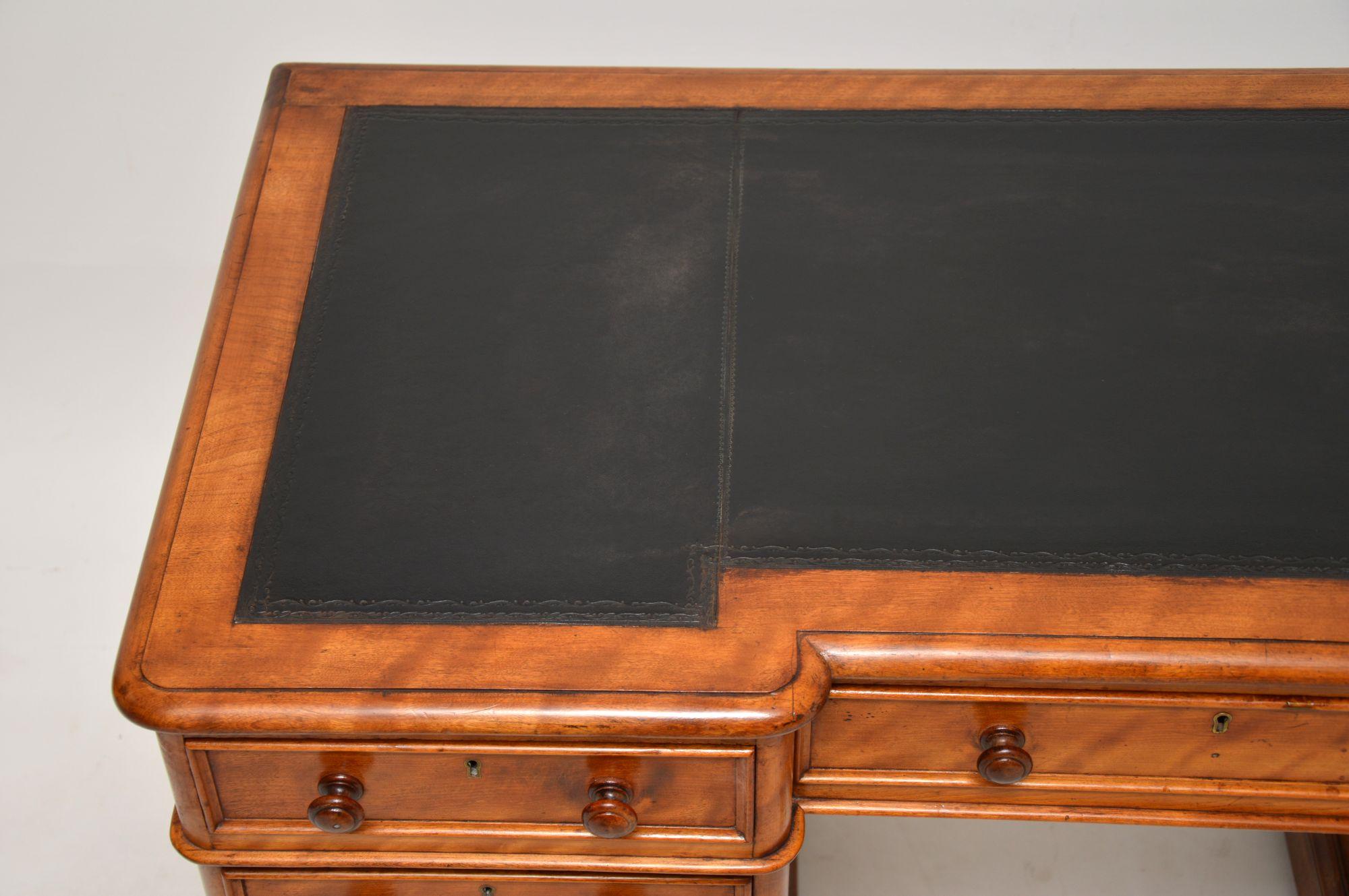 Mid-19th Century Antique Victorian Satin Wood Leather Top Pedestal Desk For Sale
