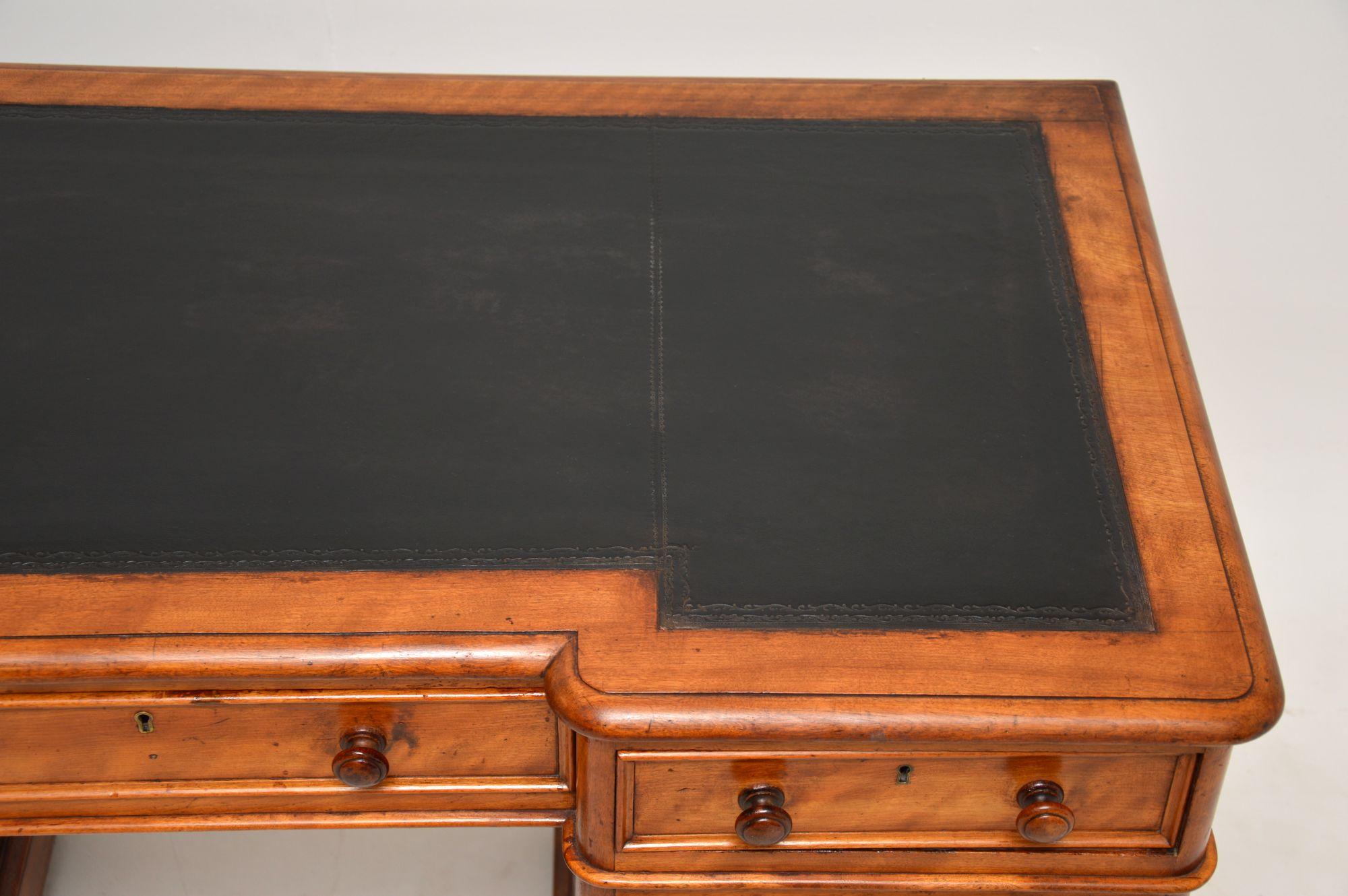 Mid-19th Century Antique Victorian Satin Wood Leather Top Pedestal Desk For Sale