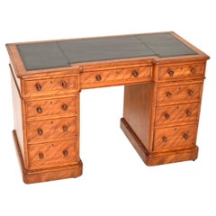Antique Victorian Satin Wood Leather Top Pedestal Desk