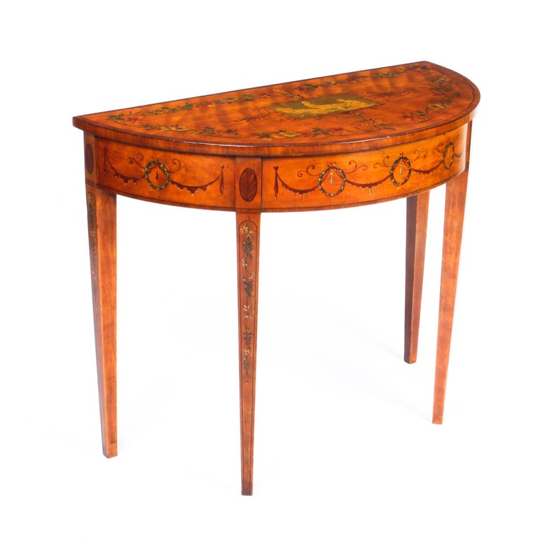 Antique Victorian Satinwood And Harewood Half Moon Painted Console Table At 1stdibs Half Moon Painted Console Table, Antique Half Circle Table