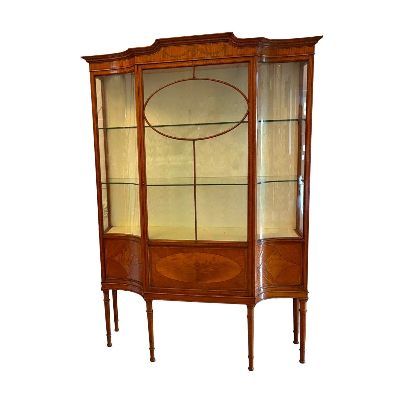 Antique Victorian Satinwood Inlaid Bow Front Display Cabinet