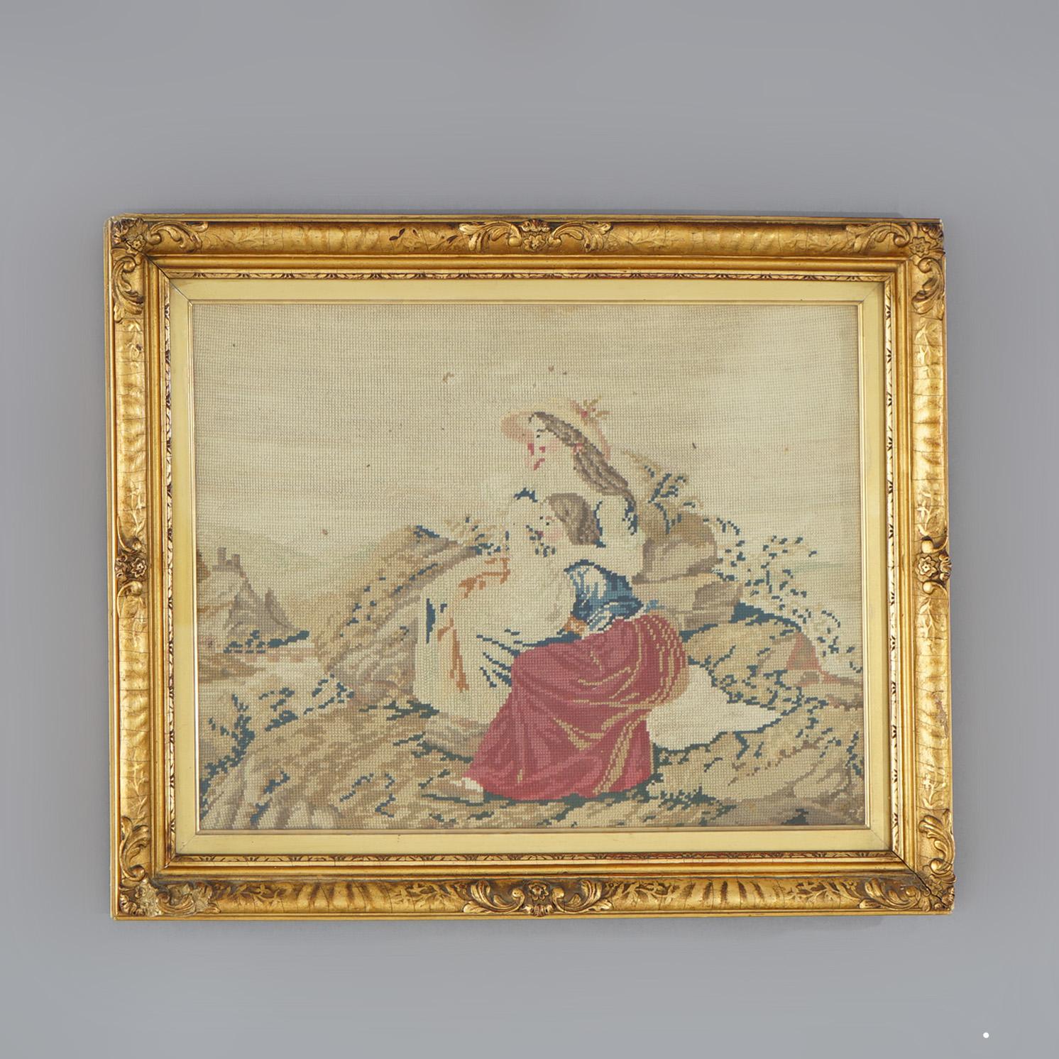 An antique Victorian needlework panel offers countryside scene with mother and daughter, seated in giltwood frame, signed Rudy Grovner, Circa 1900


Measures- 18.25''H x 22.25''W x 2''D; 14.75'' x 18.5'' sight