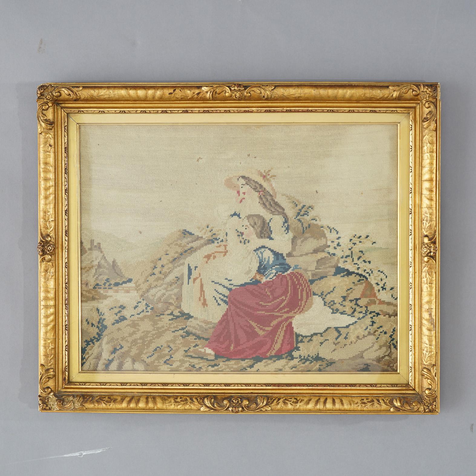 Antique Victorian Scene Framed Needlework In Giltwood Frame Circa 1900 In Good Condition For Sale In Big Flats, NY