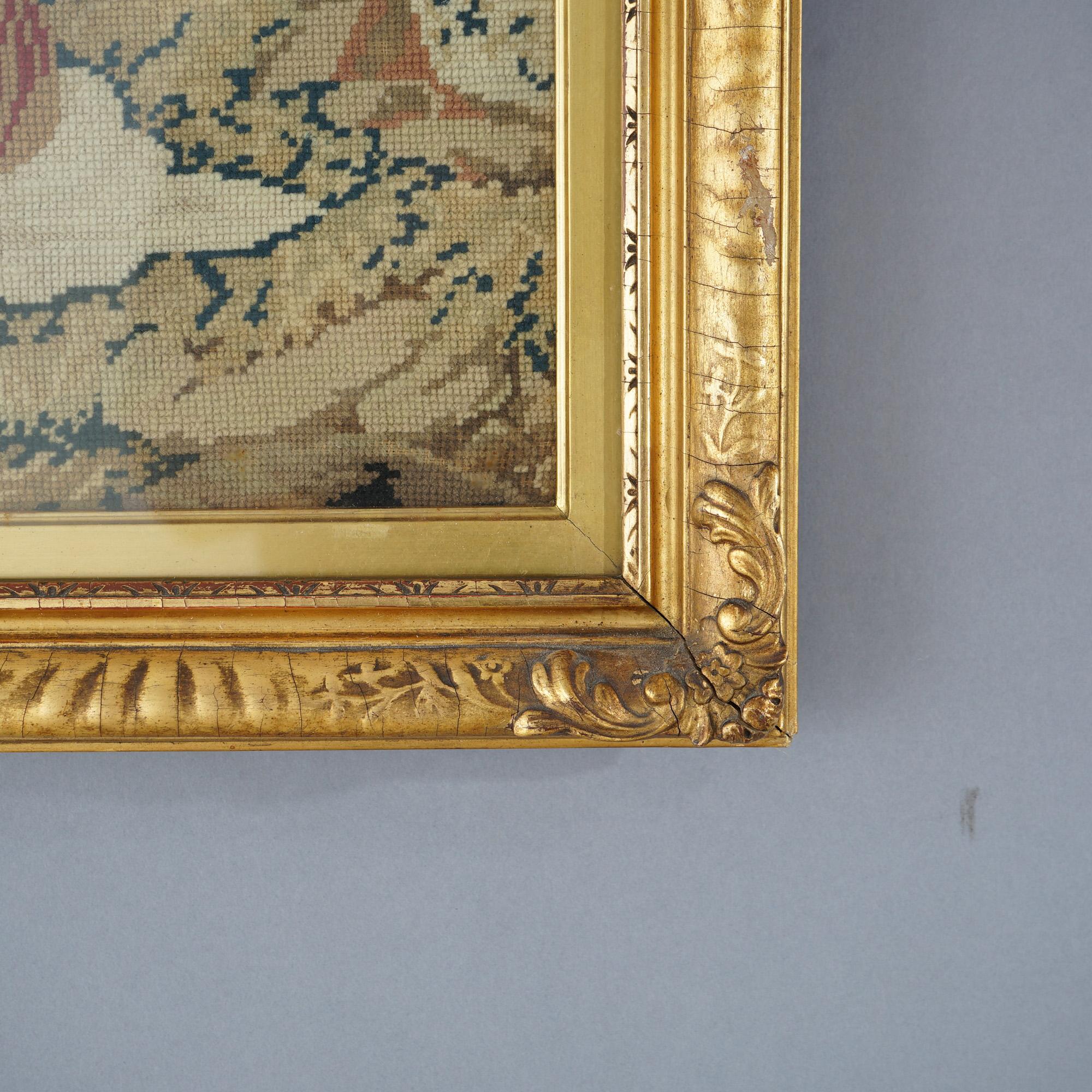 20th Century Antique Victorian Scene Framed Needlework In Giltwood Frame Circa 1900 For Sale