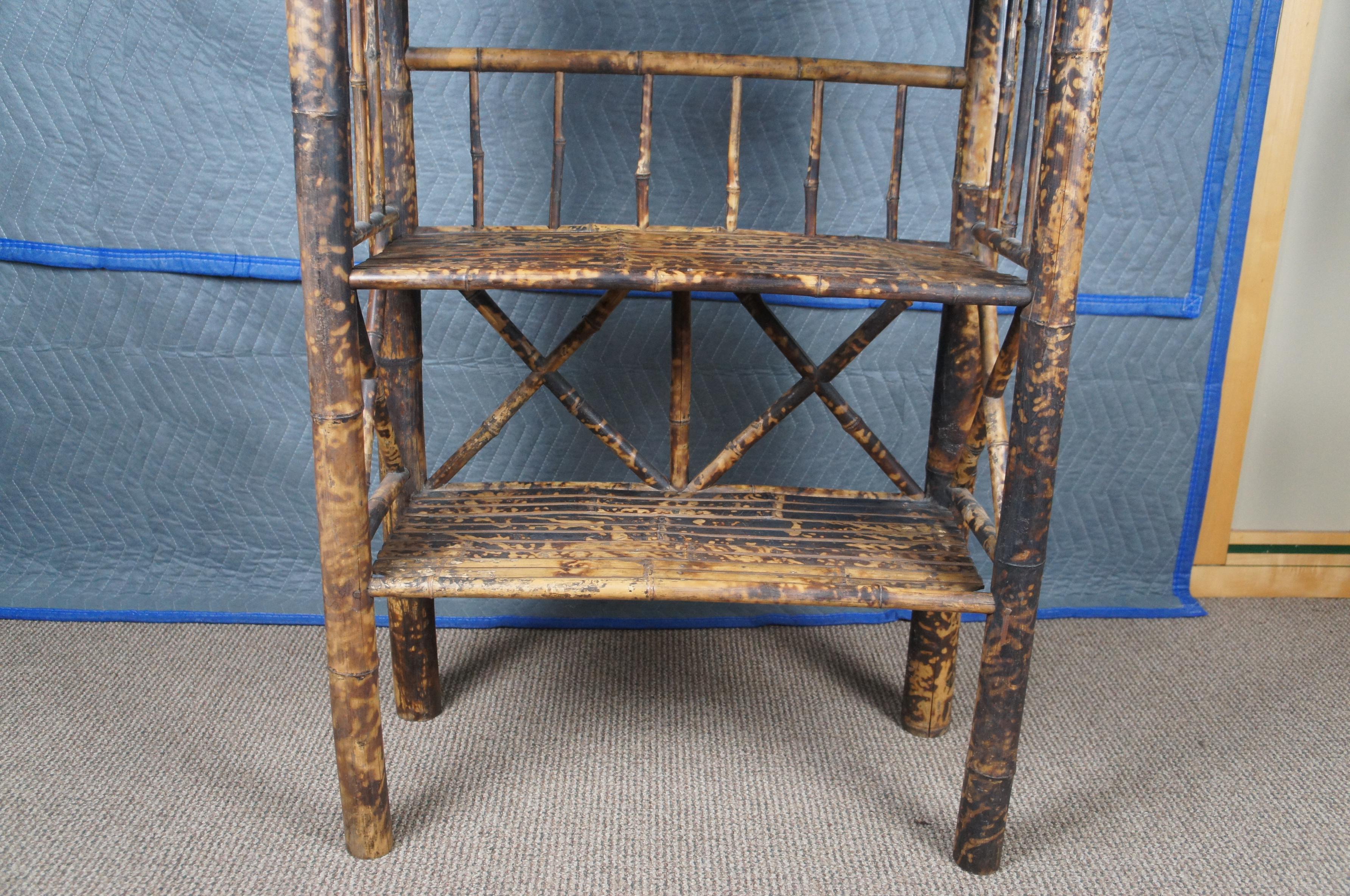 Antique Victorian Scorched Bamboo Library Bookshelf Bookcase Etagere Shelf 51