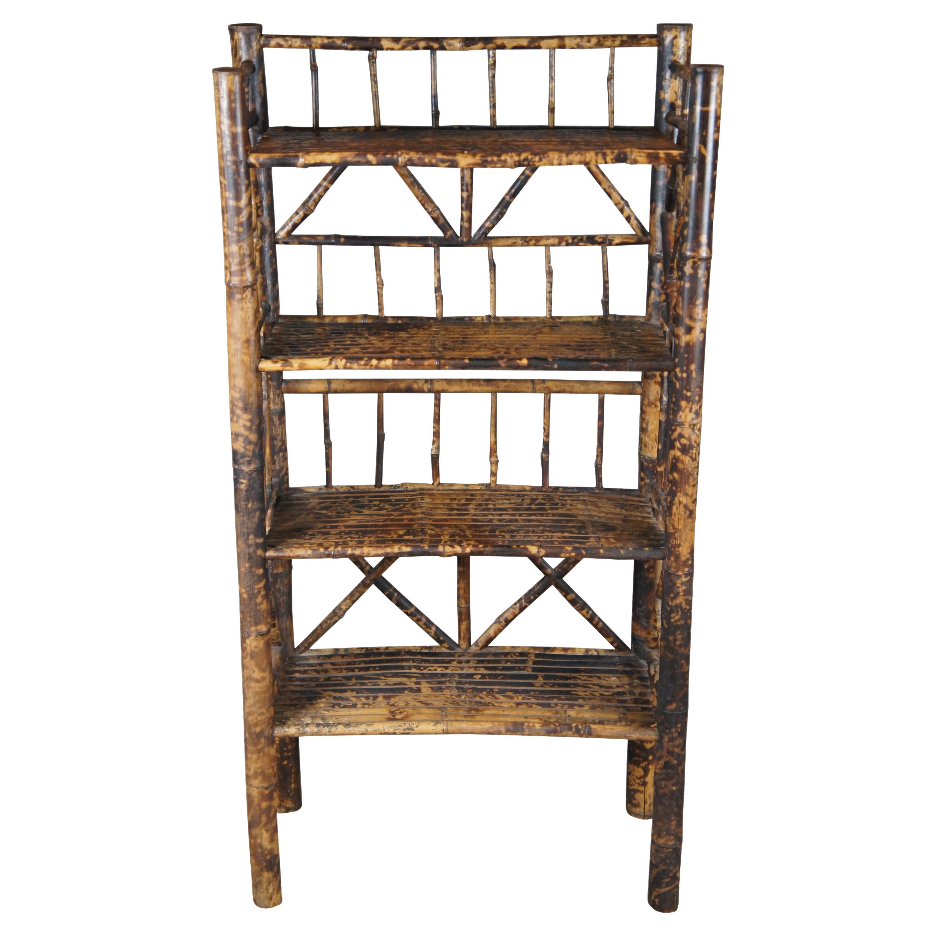 Antique Victorian Scorched Bamboo Library Bookshelf Bookcase Etagere Shelf 51" For Sale