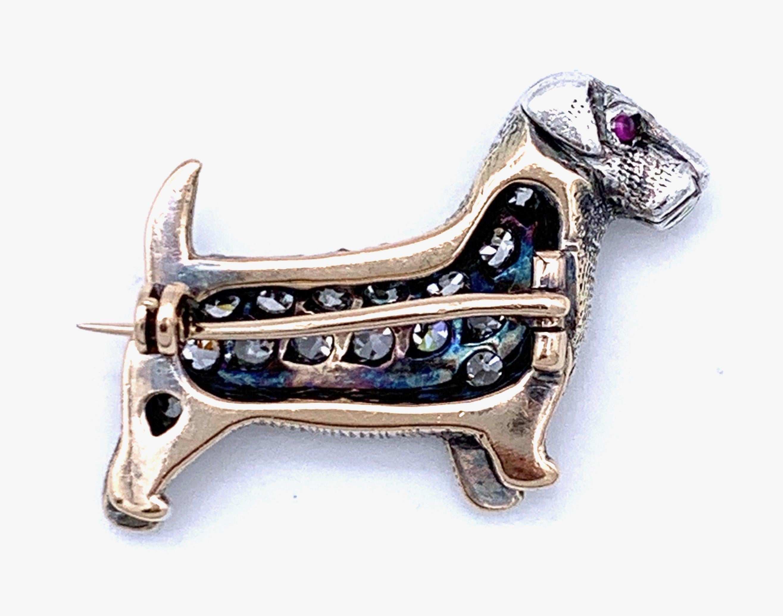 Antique Victorian Scotch Terrier Puppy Dog Diamond Ruby Silver Gold Brooch In Excellent Condition In Munich, Bavaria