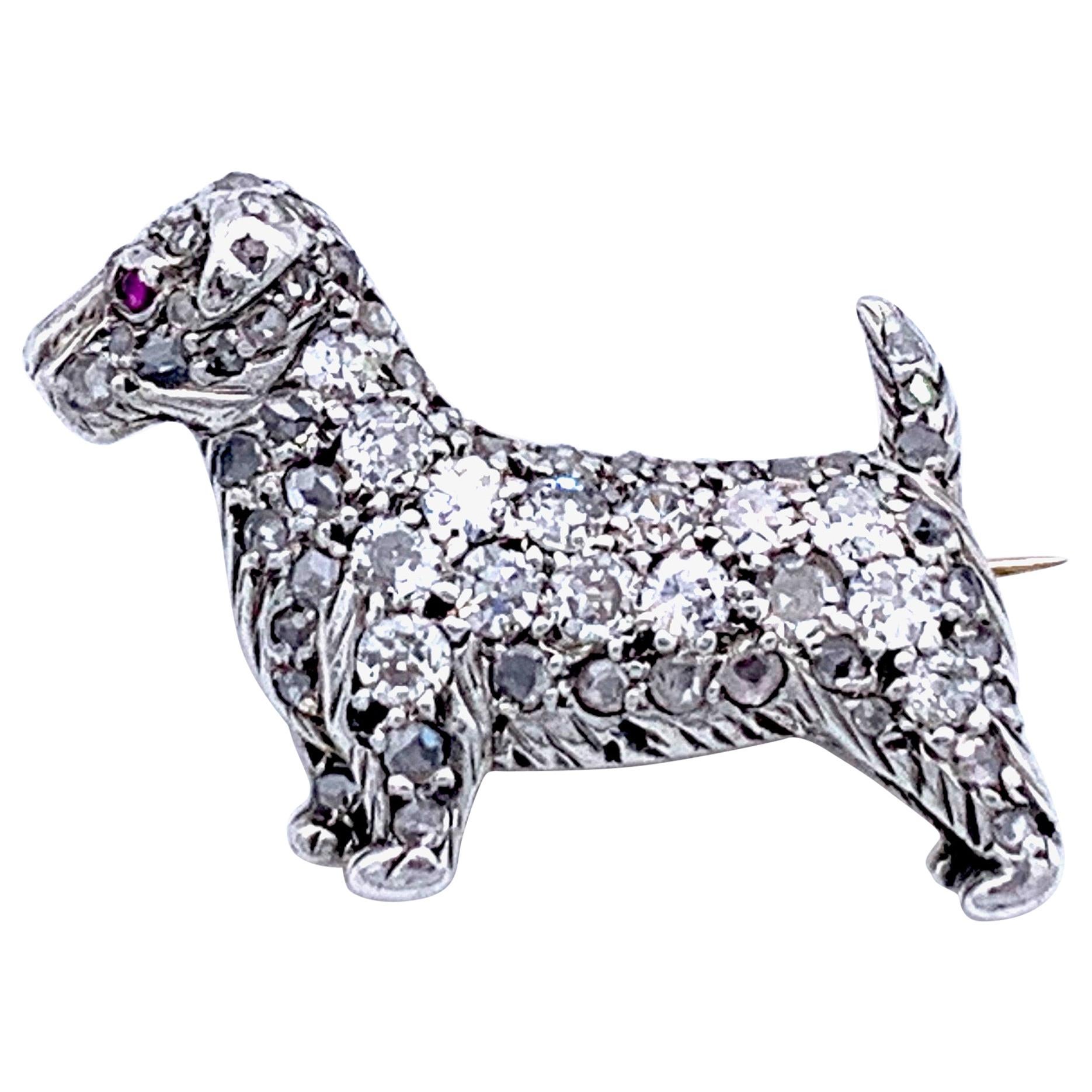 Antique Victorian Scotch Terrier Puppy Dog Diamond Ruby Silver Gold Brooch